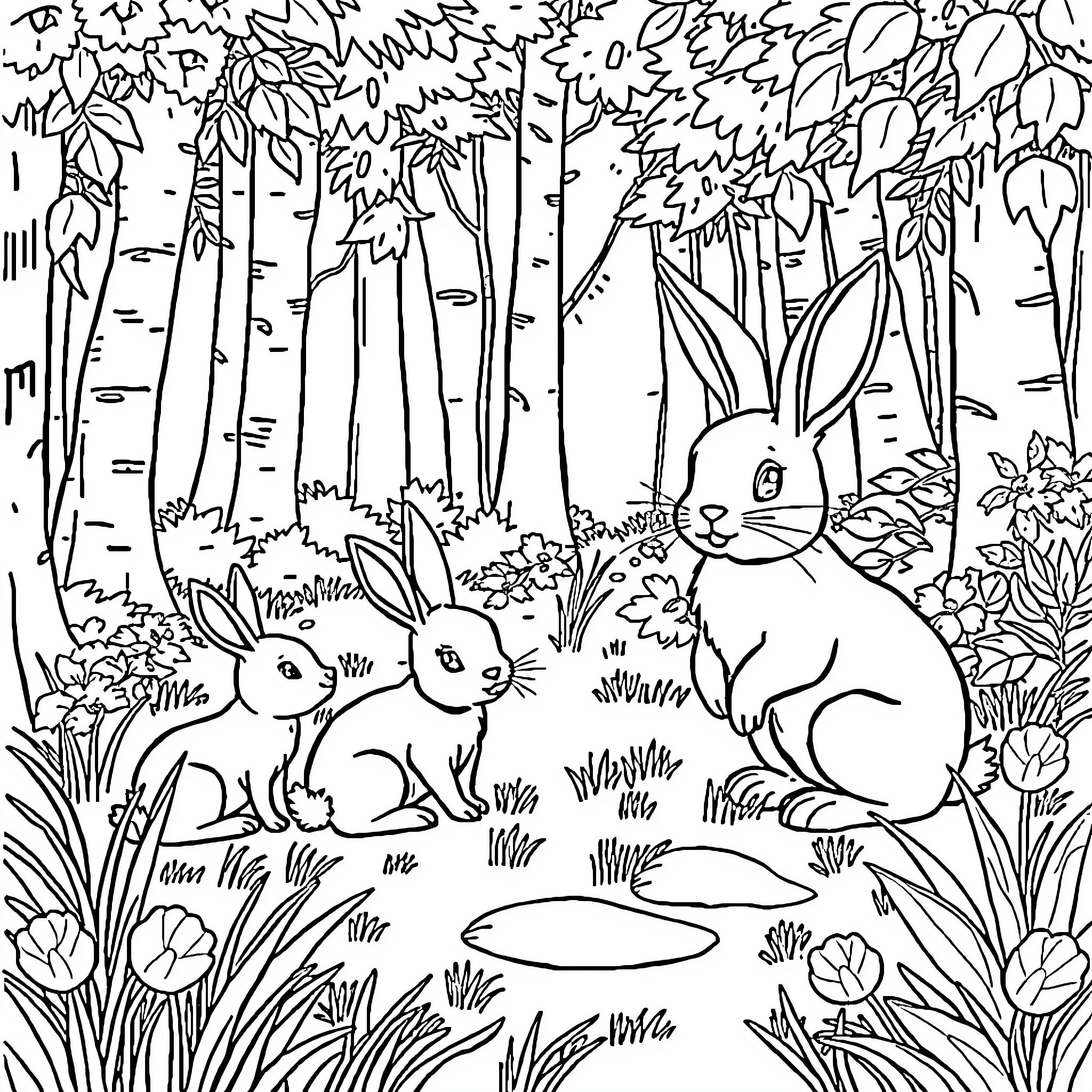 Rabbit family exploring the woodland forest Coloring Page (free black-and-white line drawing printable PDF for all, from beginners to advanced learners, including children, teens, adults, and seniors)