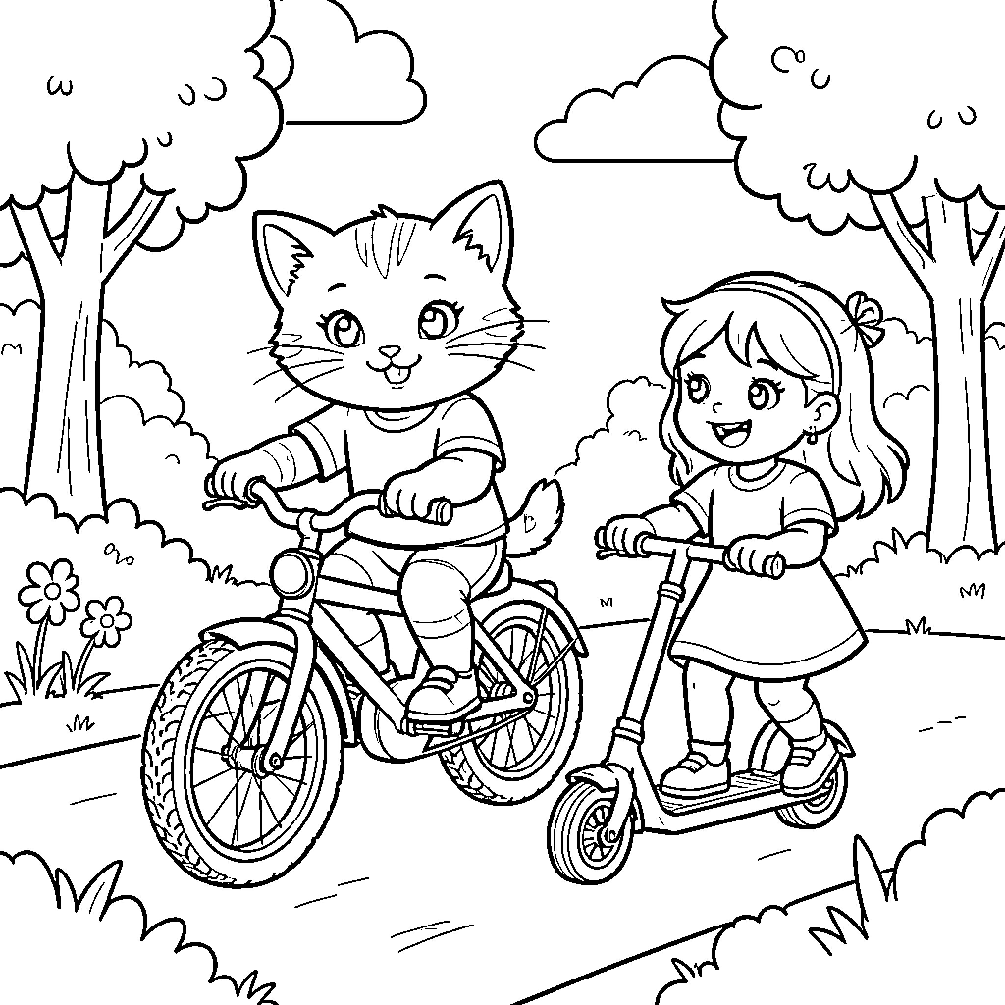 Kitty and a girl riding bikes and scooters Coloring Page (free black-and-white line drawing printable PDF for all, from beginners to advanced learners, including children, teens, adults, and seniors)