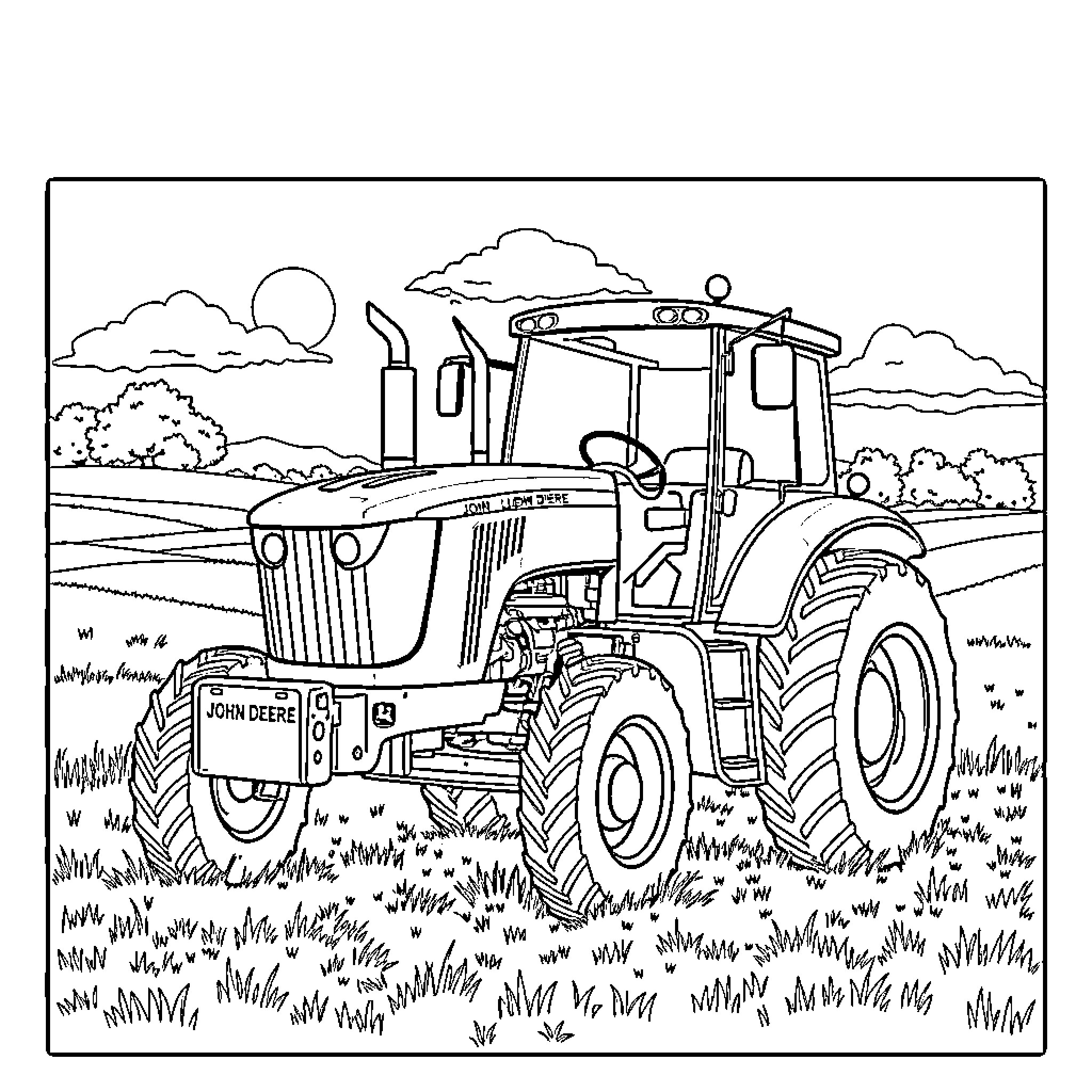 John Deere Tractor Plowing the Fields Coloring Page (free black-and-white line drawing printable PDF for all, from beginners to advanced learners, including children, teens, adults, and seniors)