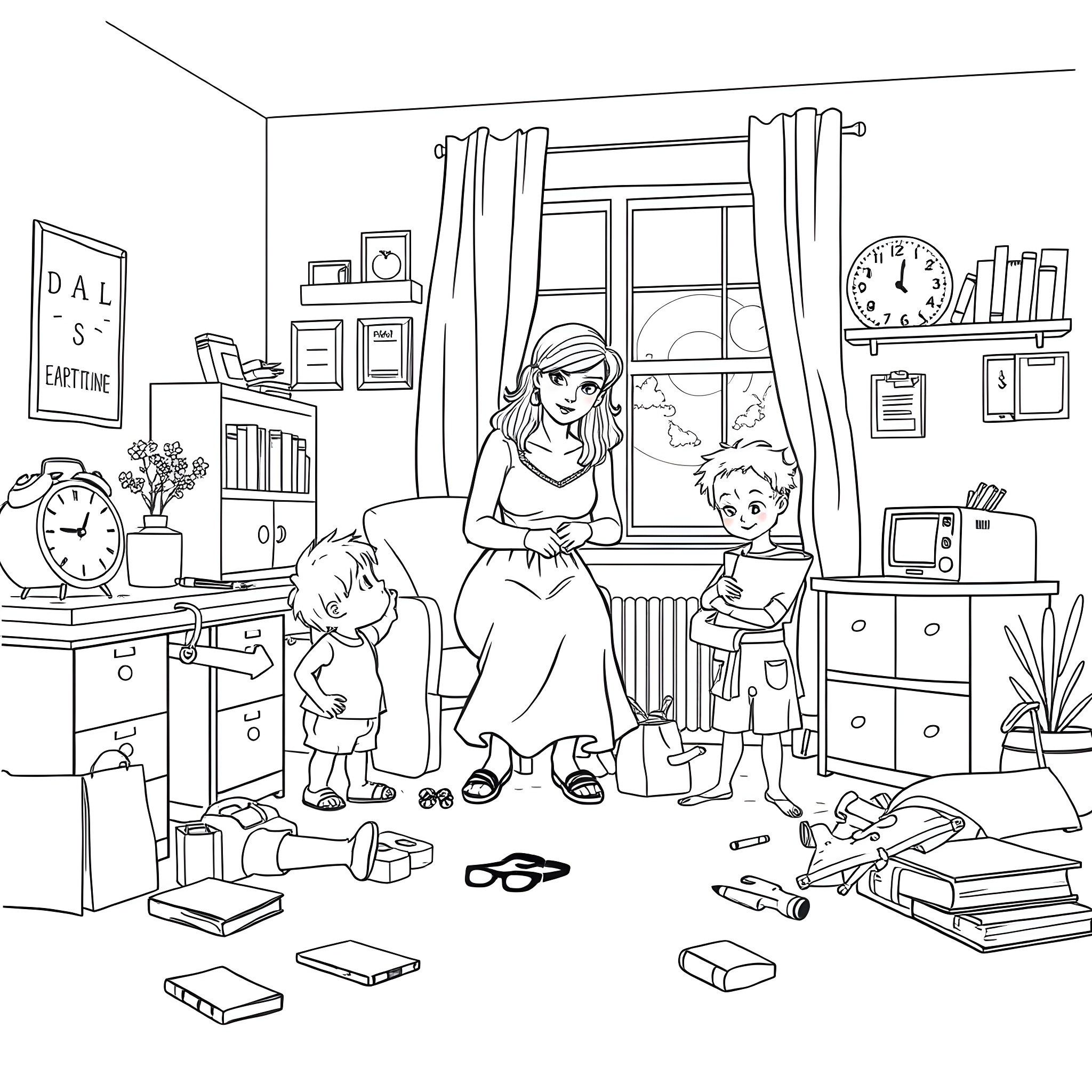 Mom cares for her children in the messy home Coloring Page (free black-and-white line drawing printable PDF for all, from beginners to advanced learners, including children, teens, adults, and seniors)