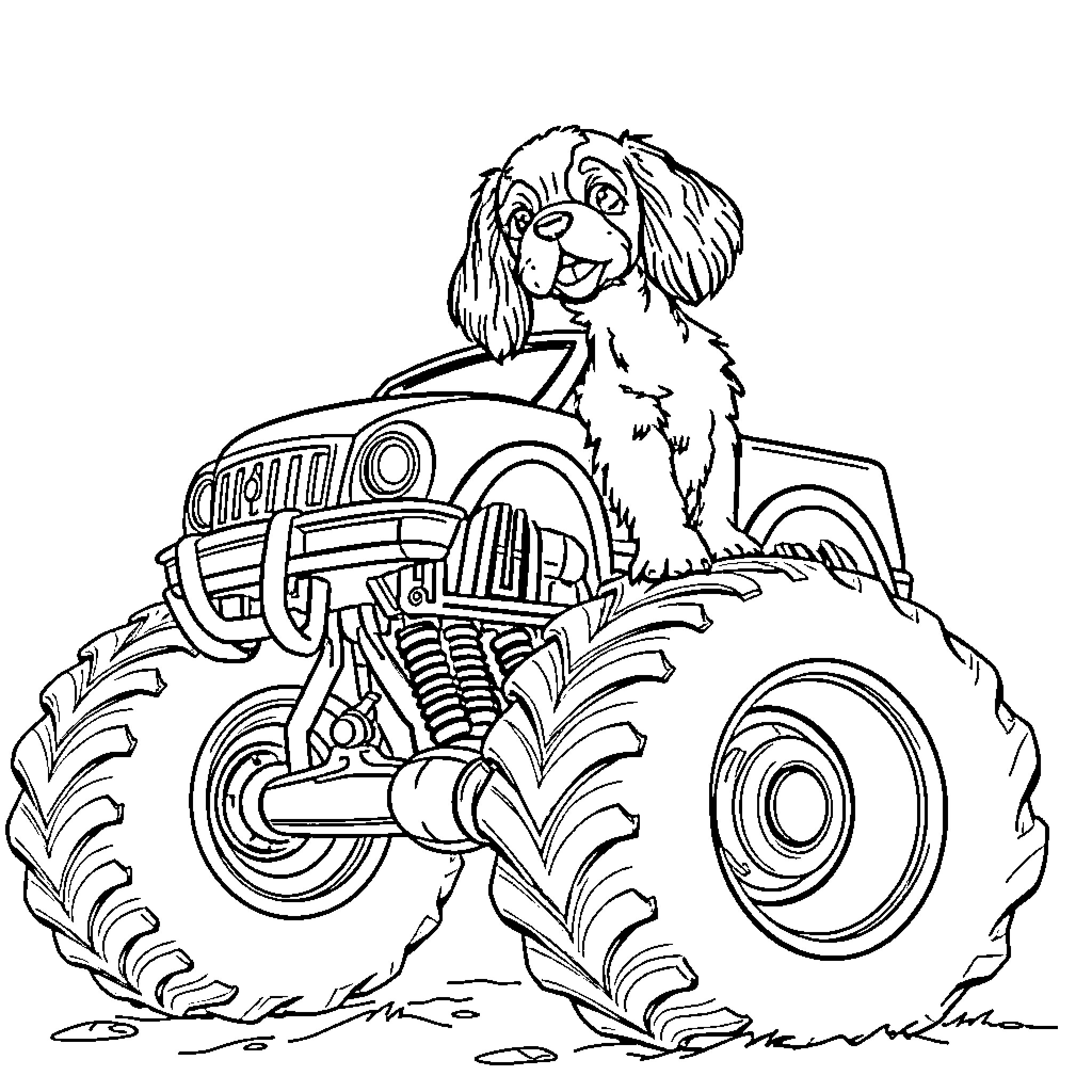 Cavalier King Charles Spaniel riding a monster truck Coloring Page (free black-and-white line drawing printable PDF for all, from beginners to advanced learners, including children, teens, adults, and seniors)