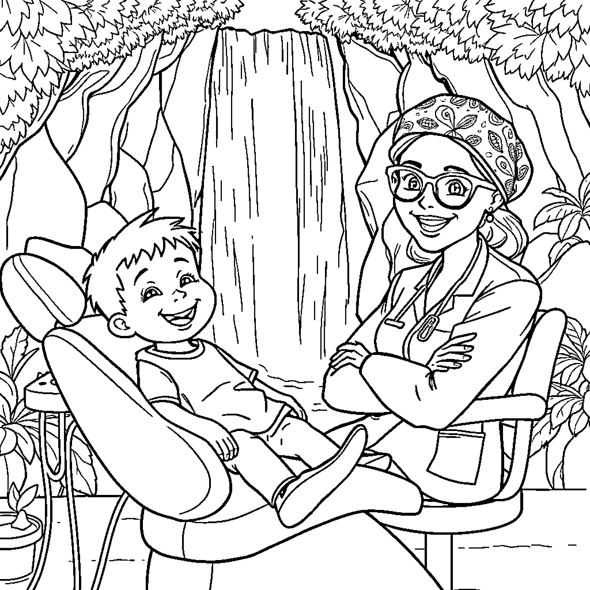 Child exploring waterfall and nature with a friend Coloring Page (free black-and-white line drawing printable PDF for all, from beginners to advanced learners, including children, teens, adults, and seniors)
