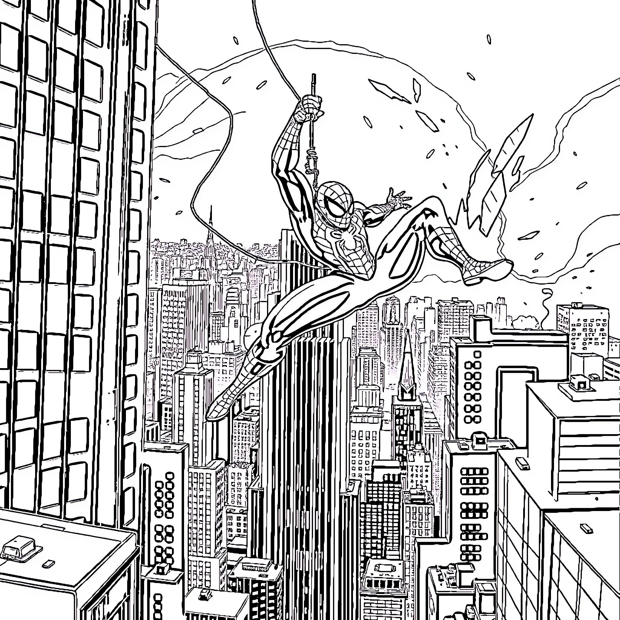 Spiderman swinging through the city with action and excitement Coloring Page (free black-and-white line drawing printable PDF for all, from beginners to advanced learners, including children, teens, adults, and seniors)