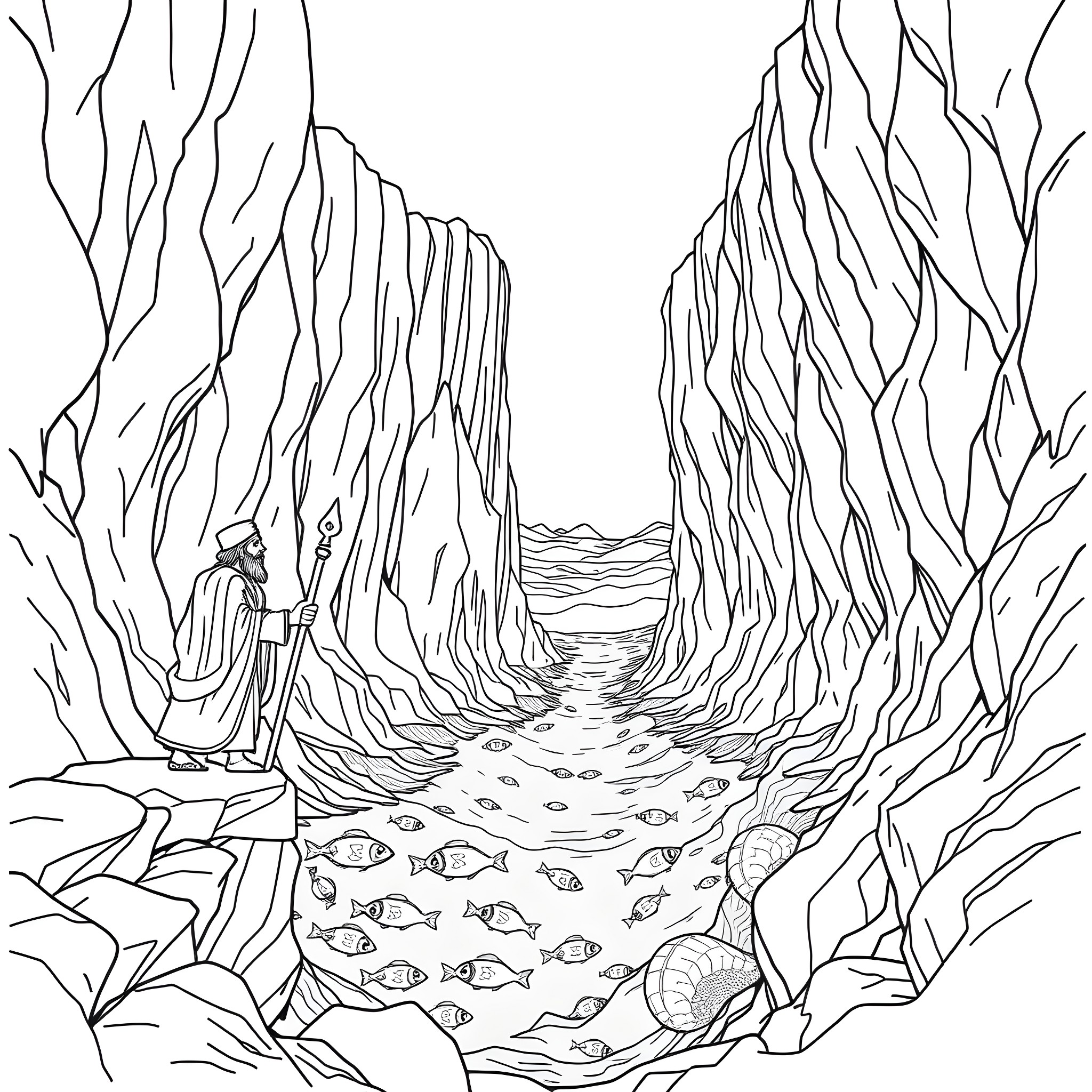 Moses parting the Red Sea with fish swimming below Coloring Page (free black-and-white line drawing printable PDF for all, from beginners to advanced learners, including children, teens, adults, and seniors)