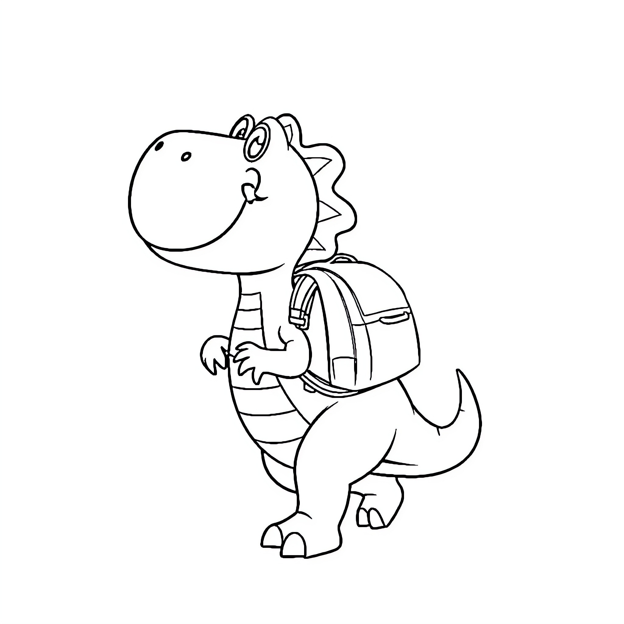 Dino going to school with backpack Coloring Page (free black-and-white line drawing printable PDF for all, from beginners to advanced learners, including children, teens, adults, and seniors)