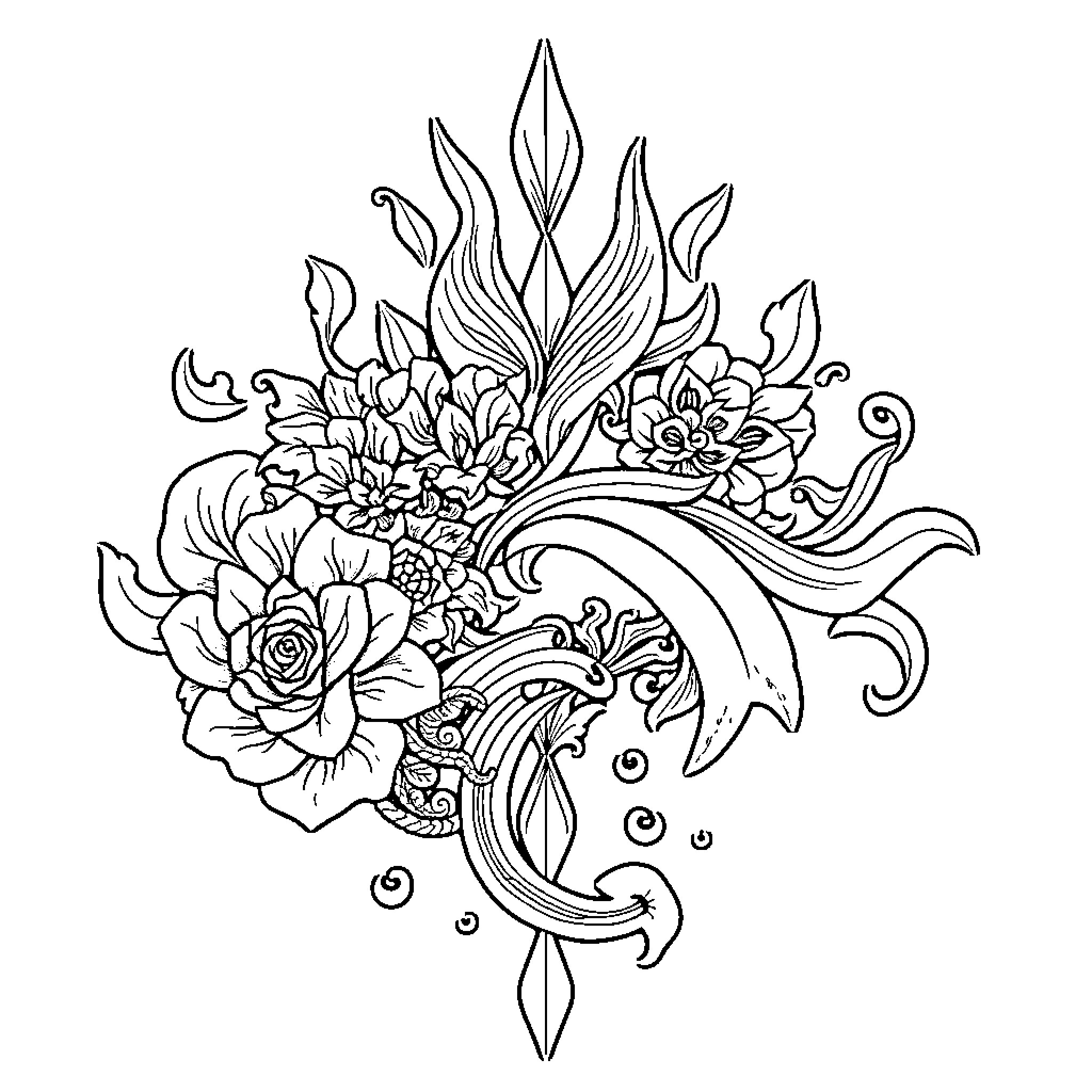 Tattoo Floral Design with Intricate Patterns Coloring Page (free black-and-white line drawing printable PDF for all, from beginners to advanced learners, including children, teens, adults, and seniors)