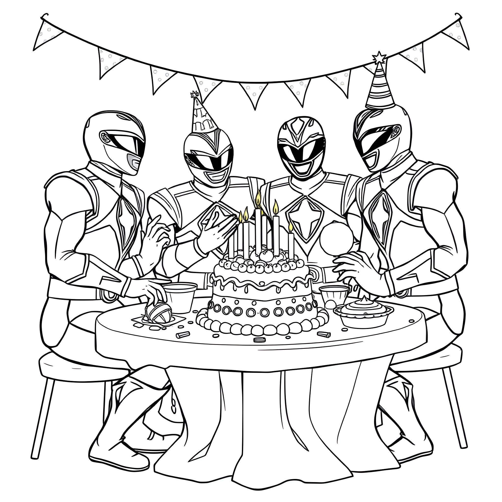 Power Rangers Celebrate Birthday with Cake and Balloons Coloring Page (free black-and-white line drawing printable PDF for all, from beginners to advanced learners, including children, teens, adults, and seniors)