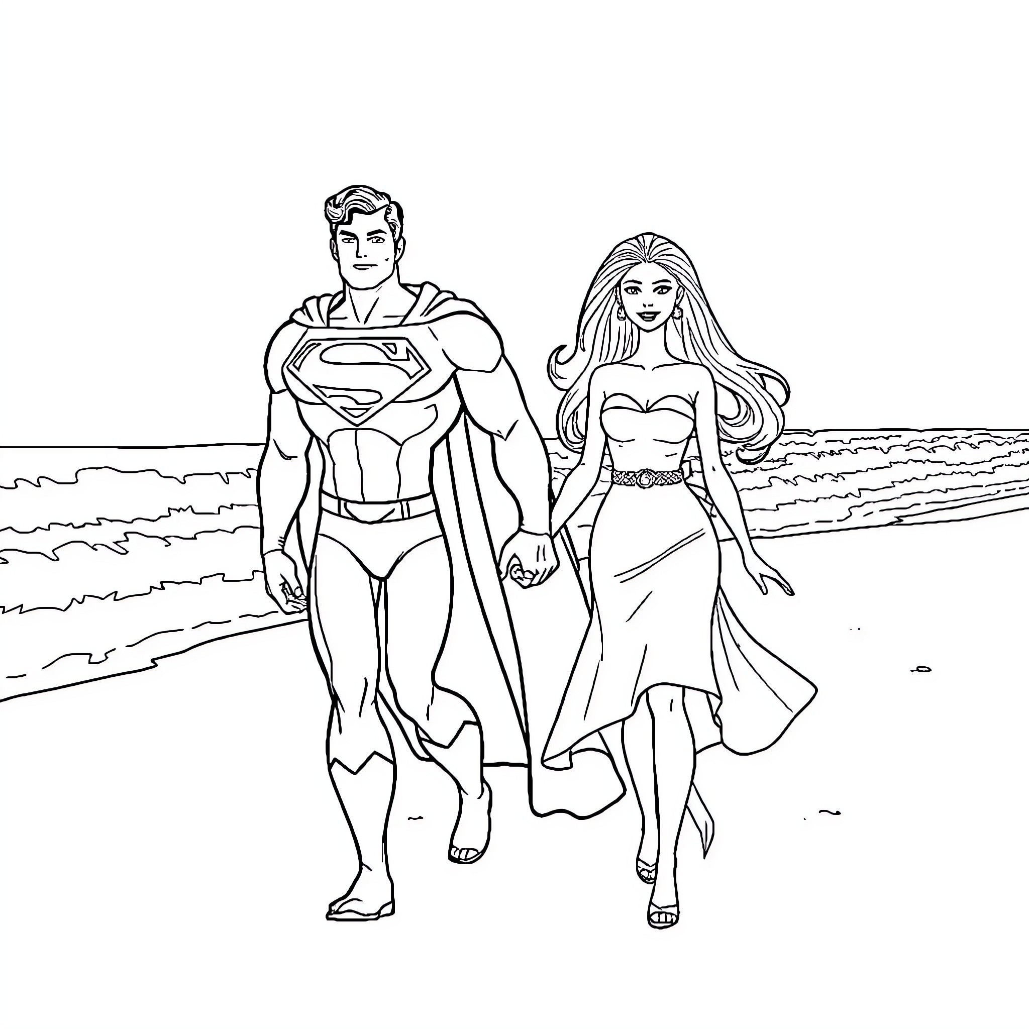 Superman and woman walking on the beach Coloring Page (free black-and-white line drawing printable PDF for all, from beginners to advanced learners, including children, teens, adults, and seniors)