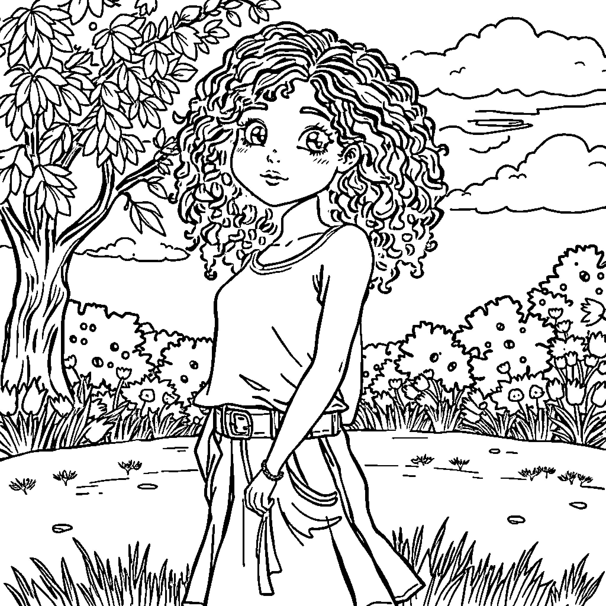 Girl exploring the enchanting nature scenery Coloring Page (free black-and-white line drawing printable PDF for all, from beginners to advanced learners, including children, teens, adults, and seniors)