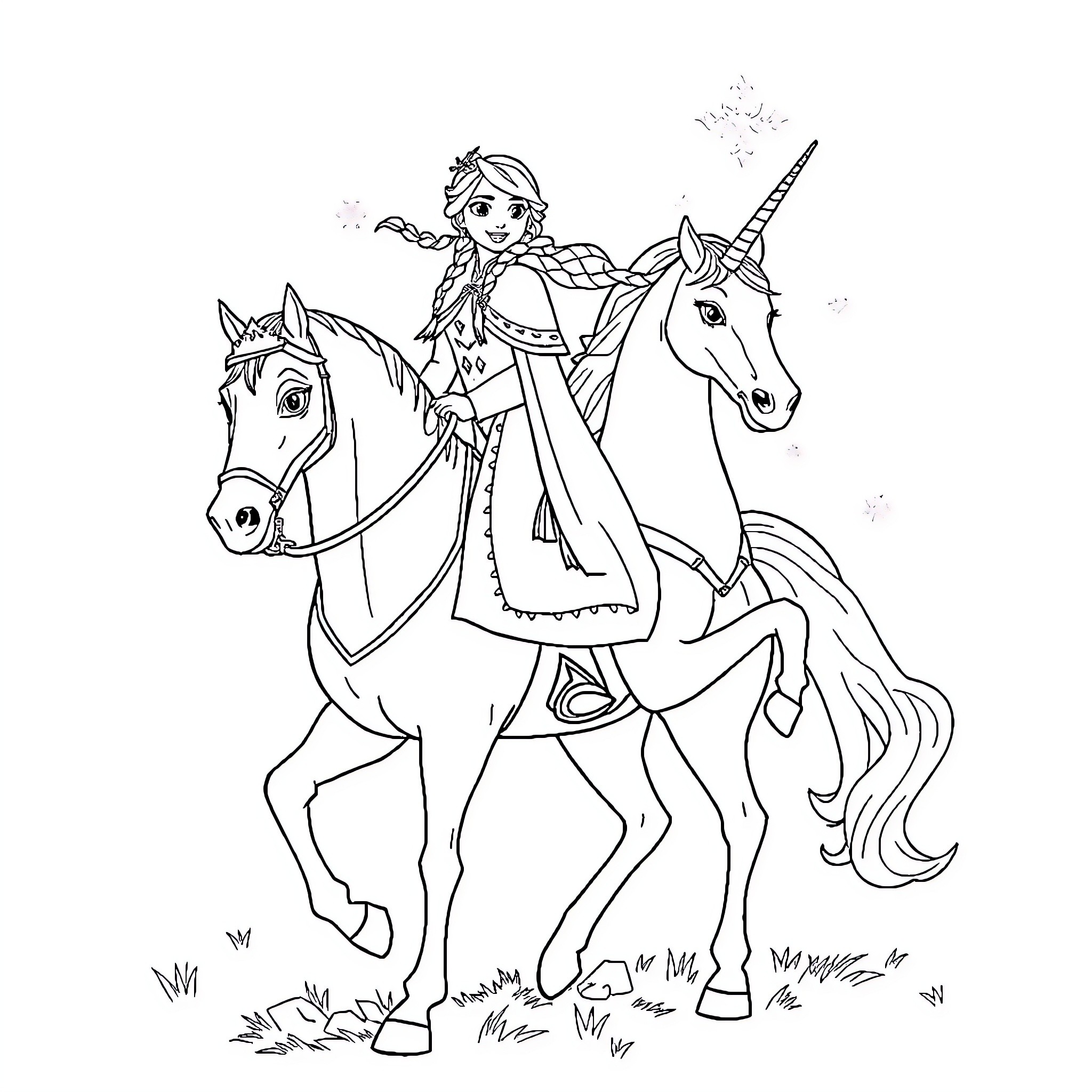 Princess Riding a Majestic Unicorn Coloring Page (free black-and-white line drawing printable PDF for all, from beginners to advanced learners, including children, teens, adults, and seniors)