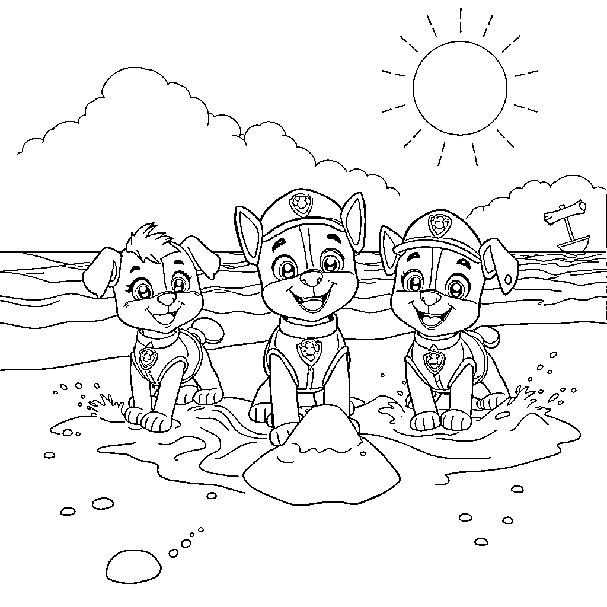 Paw Patrol Team Playing on the Beach Coloring Page (free black-and-white line drawing printable PDF for all, from beginners to advanced learners, including children, teens, adults, and seniors)