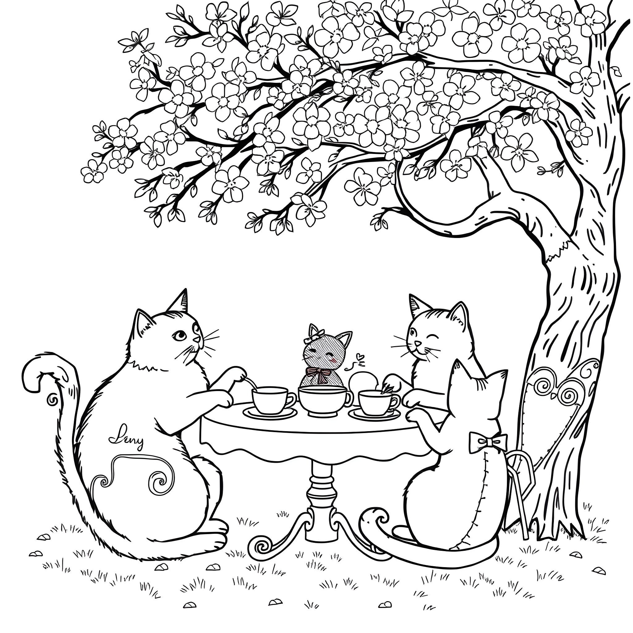 Cats having a tea party under a blooming tree Coloring Page (free black-and-white line drawing printable PDF for all, from beginners to advanced learners, including children, teens, adults, and seniors)