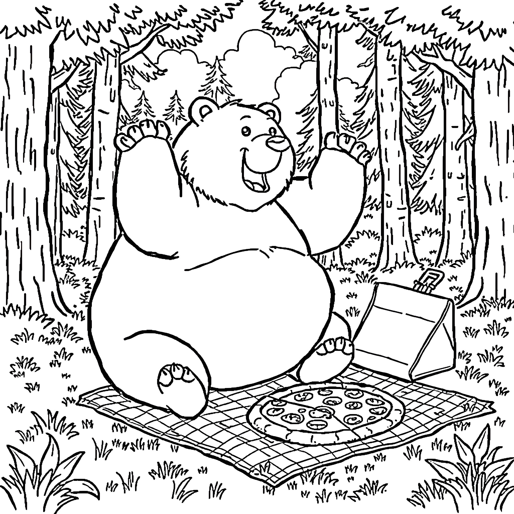 Bear enjoying picnic in the woods Coloring Page (free black-and-white line drawing printable PDF for all, from beginners to advanced learners, including children, teens, adults, and seniors)