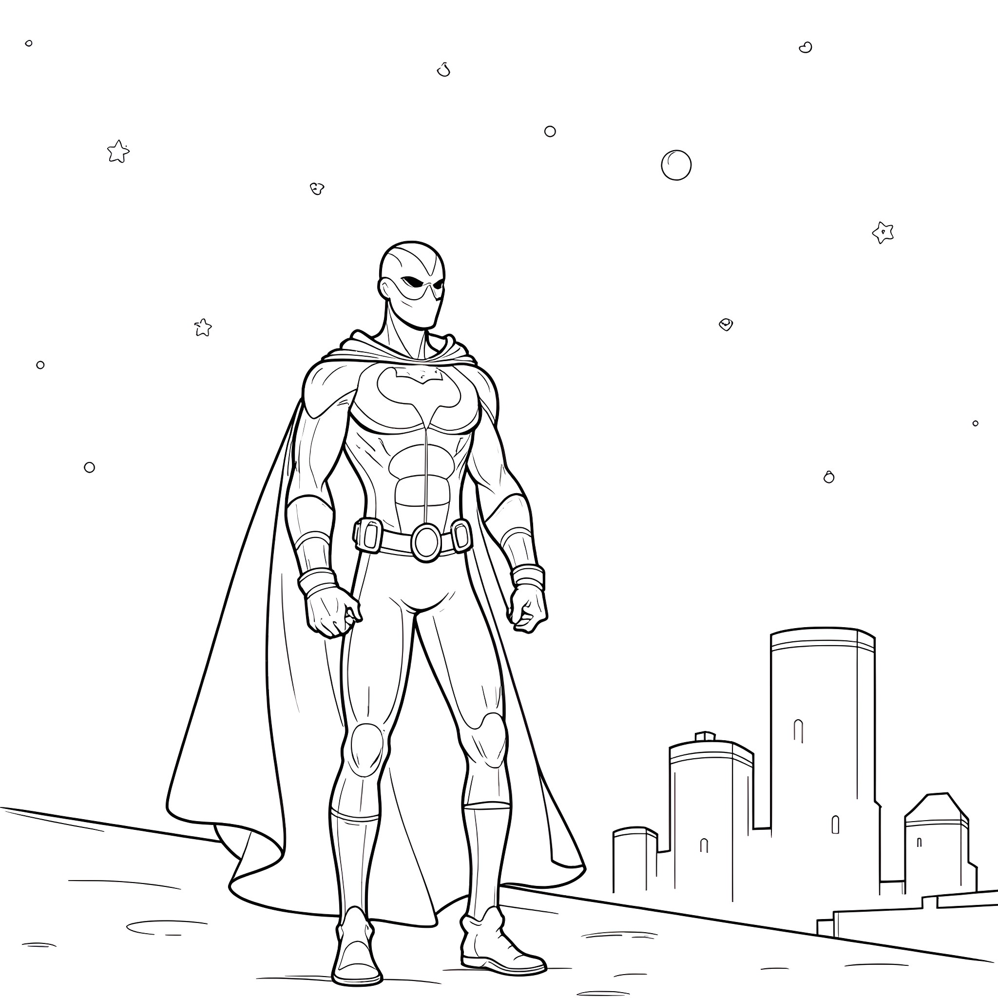Moon Knight standing tall in the city Coloring Page (free black-and-white line drawing printable PDF for all, from beginners to advanced learners, including children, teens, adults, and seniors)