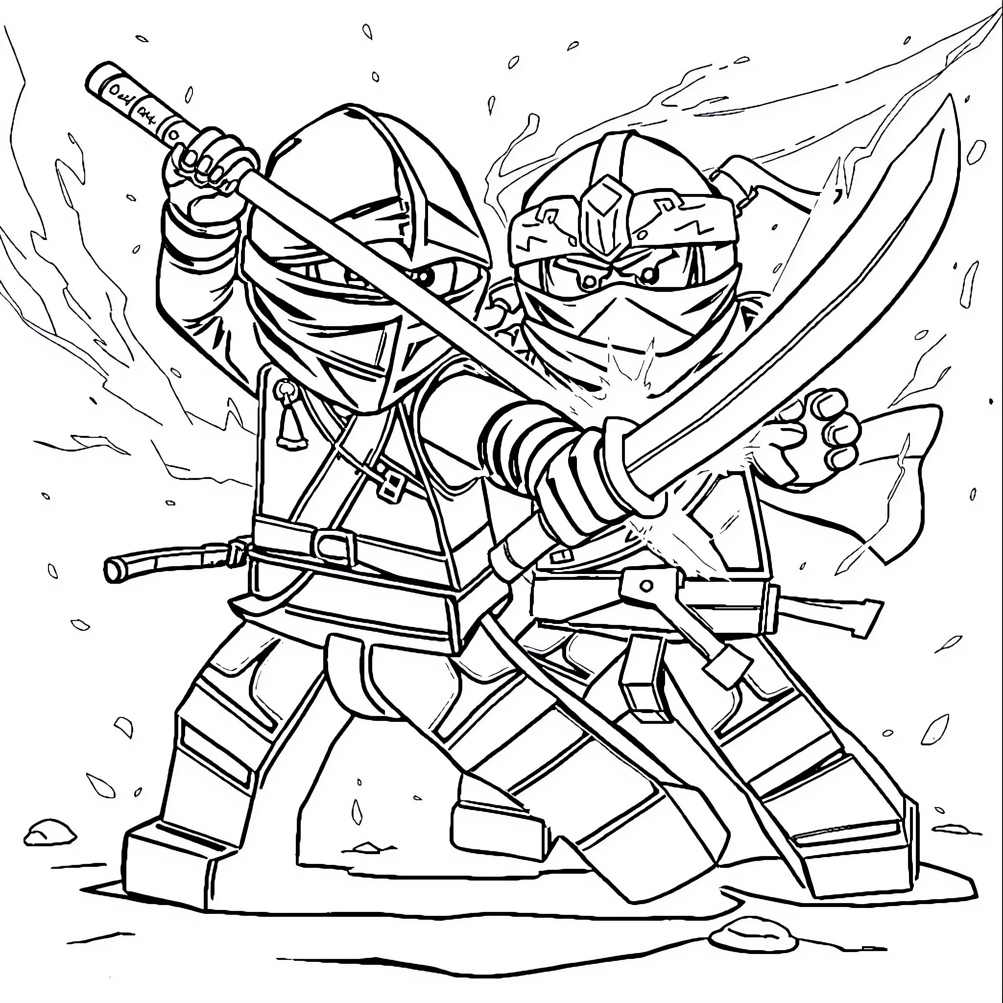 Ninjago warriors in fierce battle with swords and weapons Coloring Page (free black-and-white line drawing printable PDF for all, from beginners to advanced learners, including children, teens, adults, and seniors)