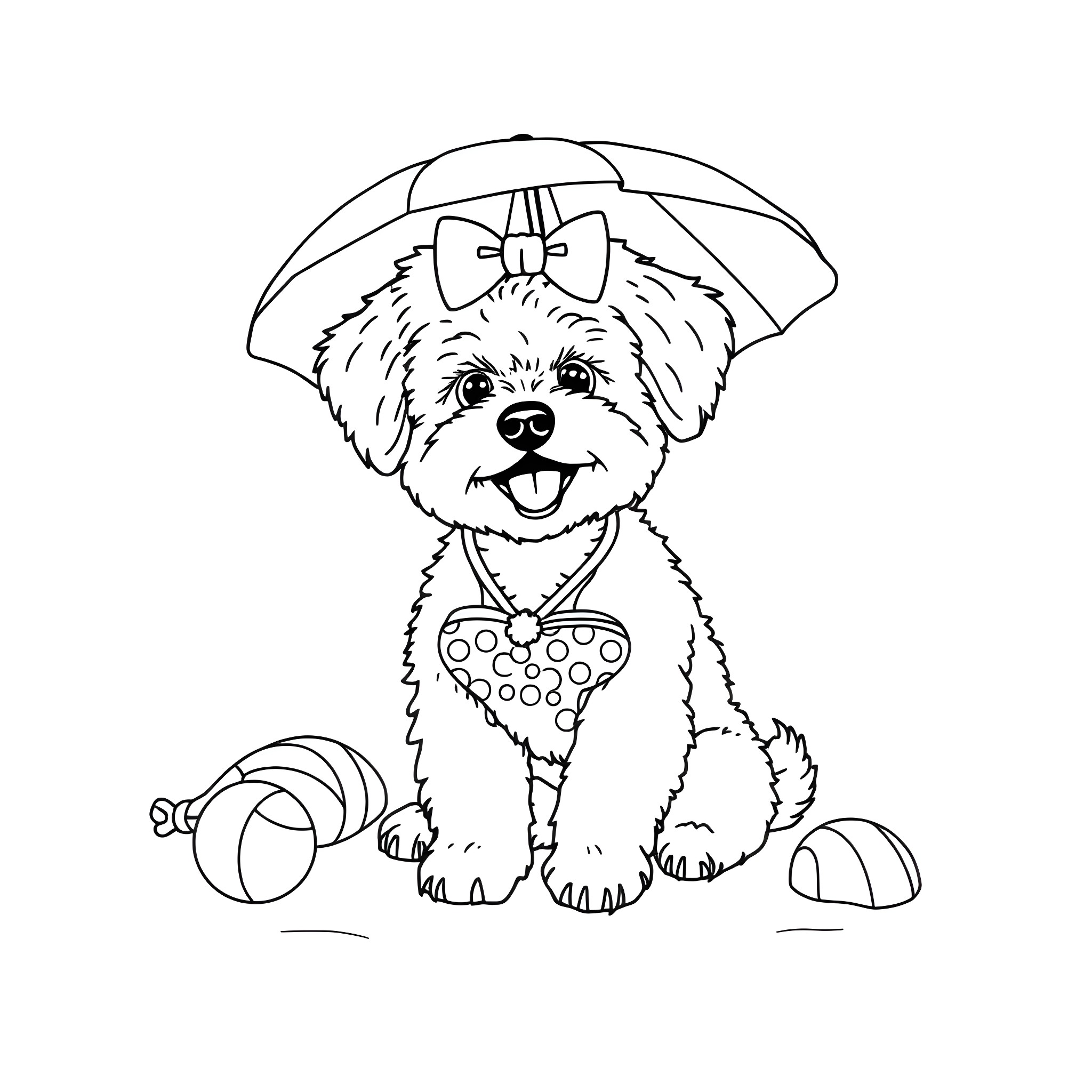 Bichon playing happily with toys on rainy day Coloring Page (free black-and-white line drawing printable PDF for all, from beginners to advanced learners, including children, teens, adults, and seniors)