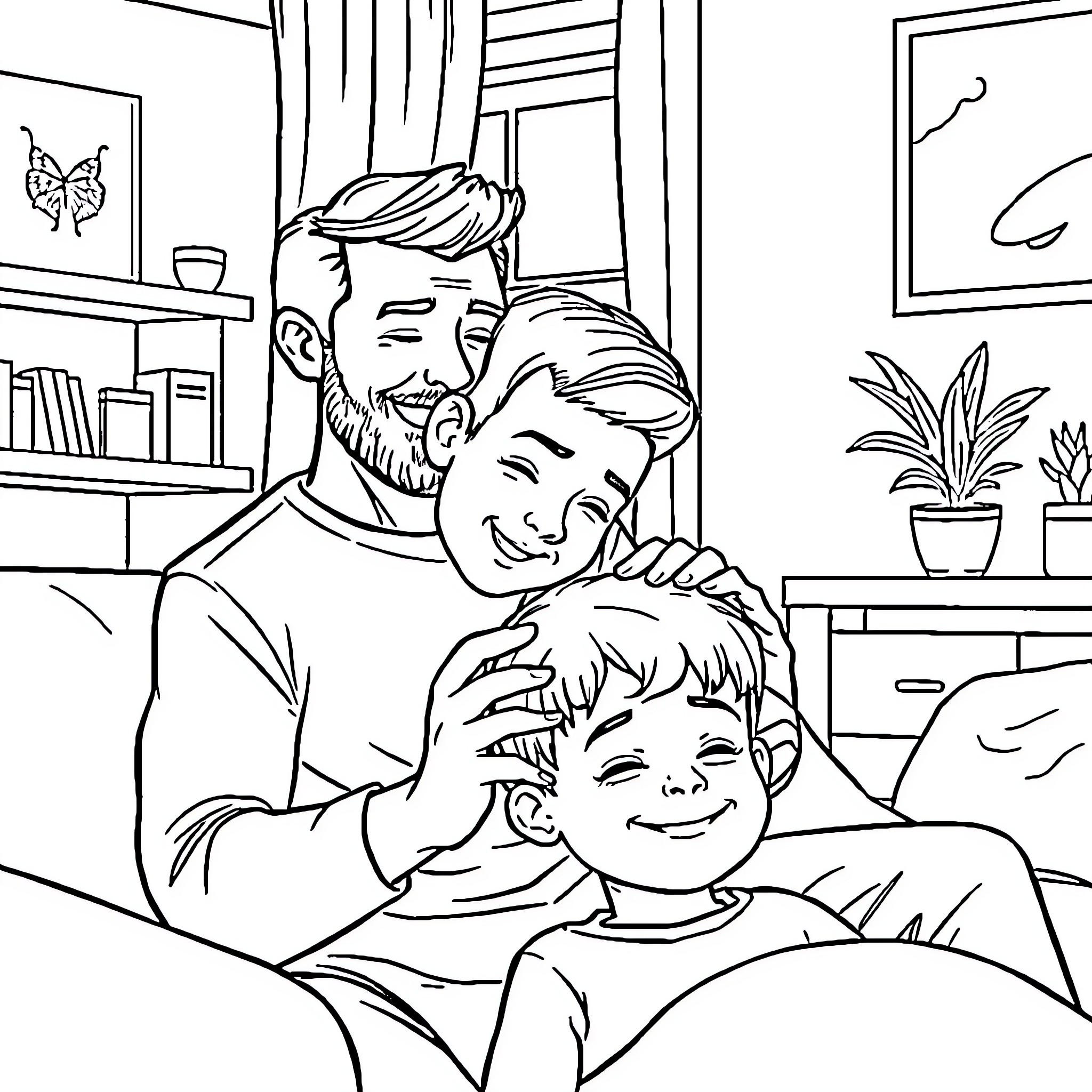 Father bonding with children in cozy home Coloring Page (free black-and-white line drawing printable PDF for all, from beginners to advanced learners, including children, teens, adults, and seniors)
