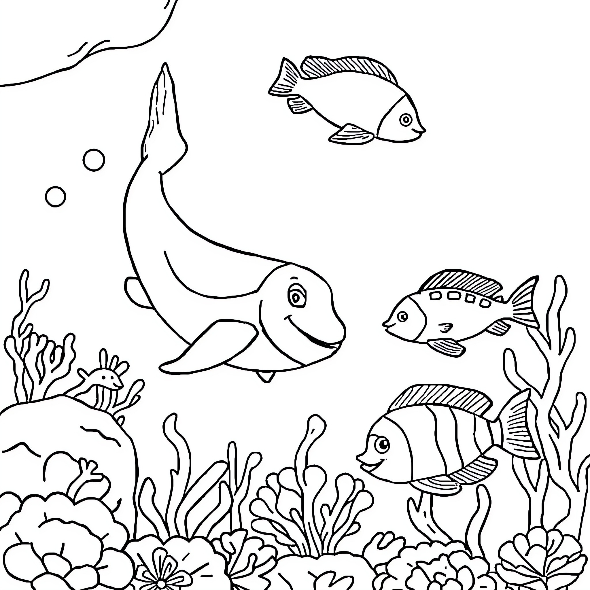 Ocean Animals Swimming Among Coral Reef Coloring Page (free black-and-white line drawing printable PDF for all, from beginners to advanced learners, including children, teens, adults, and seniors)