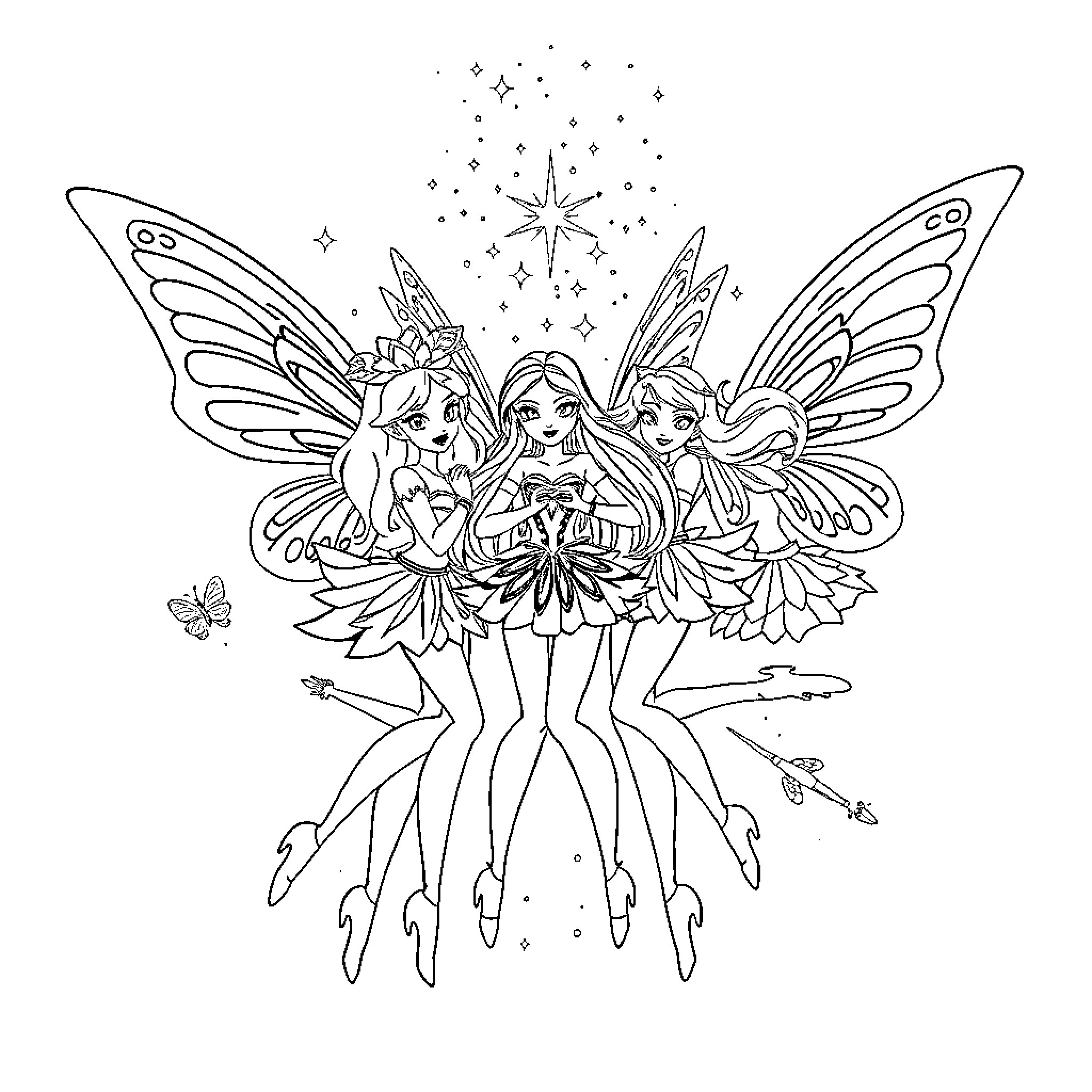 Winx Fairies Celebrating with Magical Sparkles Coloring Page (free black-and-white line drawing printable PDF for all, from beginners to advanced learners, including children, teens, adults, and seniors)