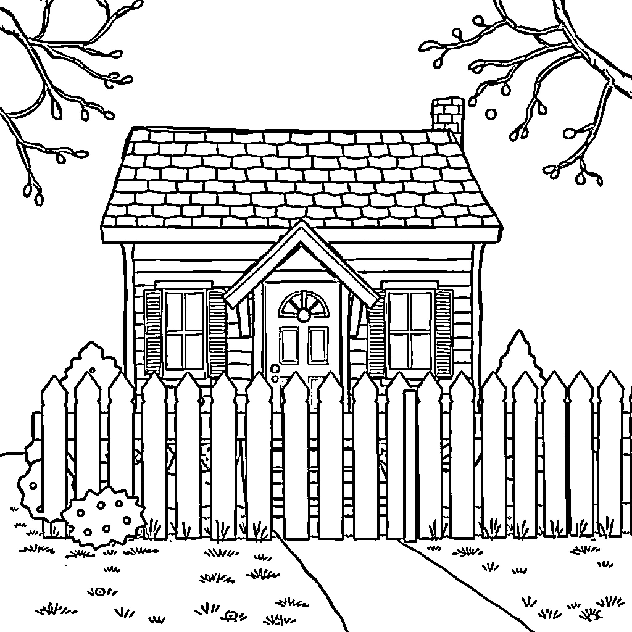 House with detailed facade and fenced yard Coloring Page (free black-and-white line drawing printable PDF for all, from beginners to advanced learners, including children, teens, adults, and seniors)