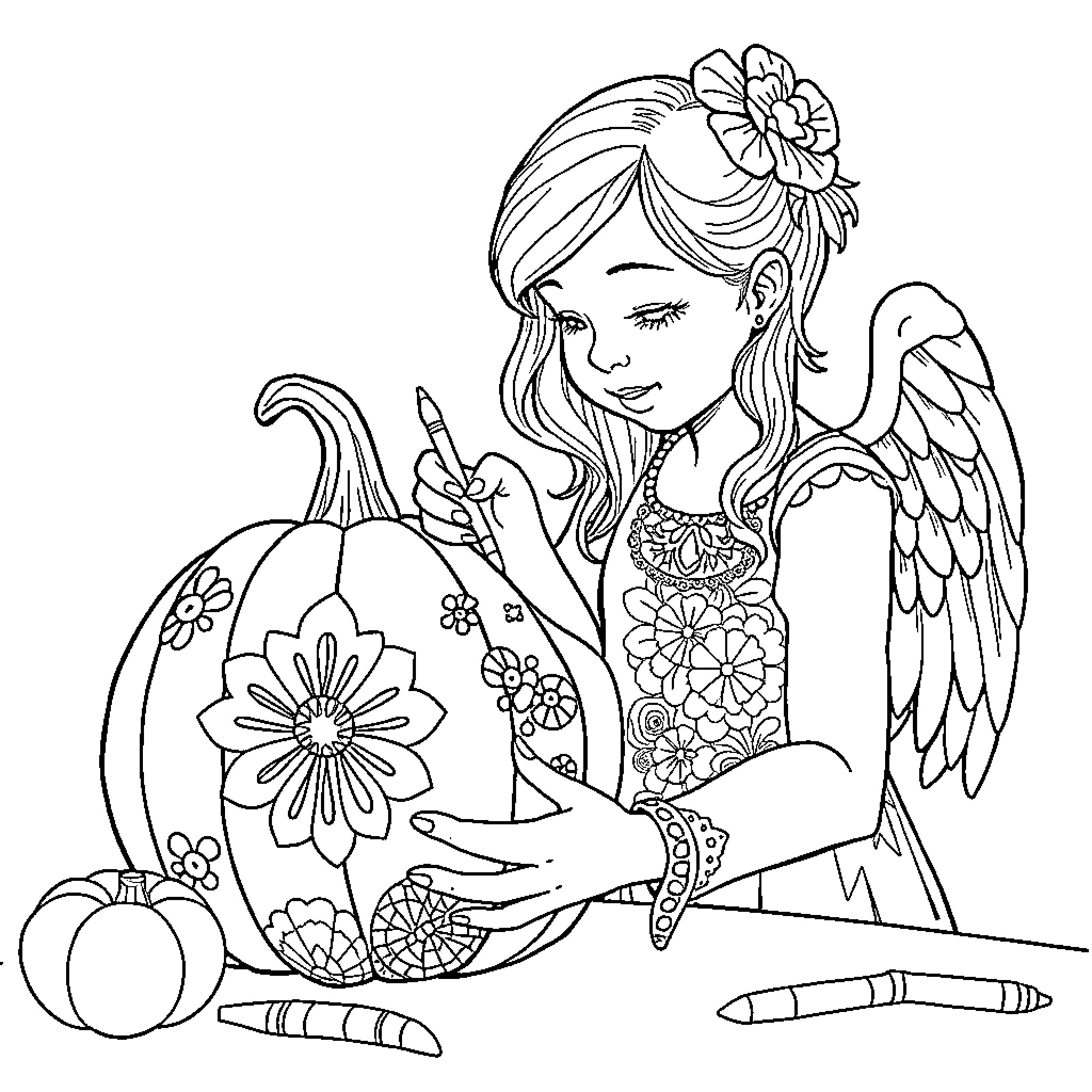 Sonny Angel with Floral Outfit and Pumpkin Coloring Page (free black-and-white line drawing printable PDF for all, from beginners to advanced learners, including children, teens, adults, and seniors)
