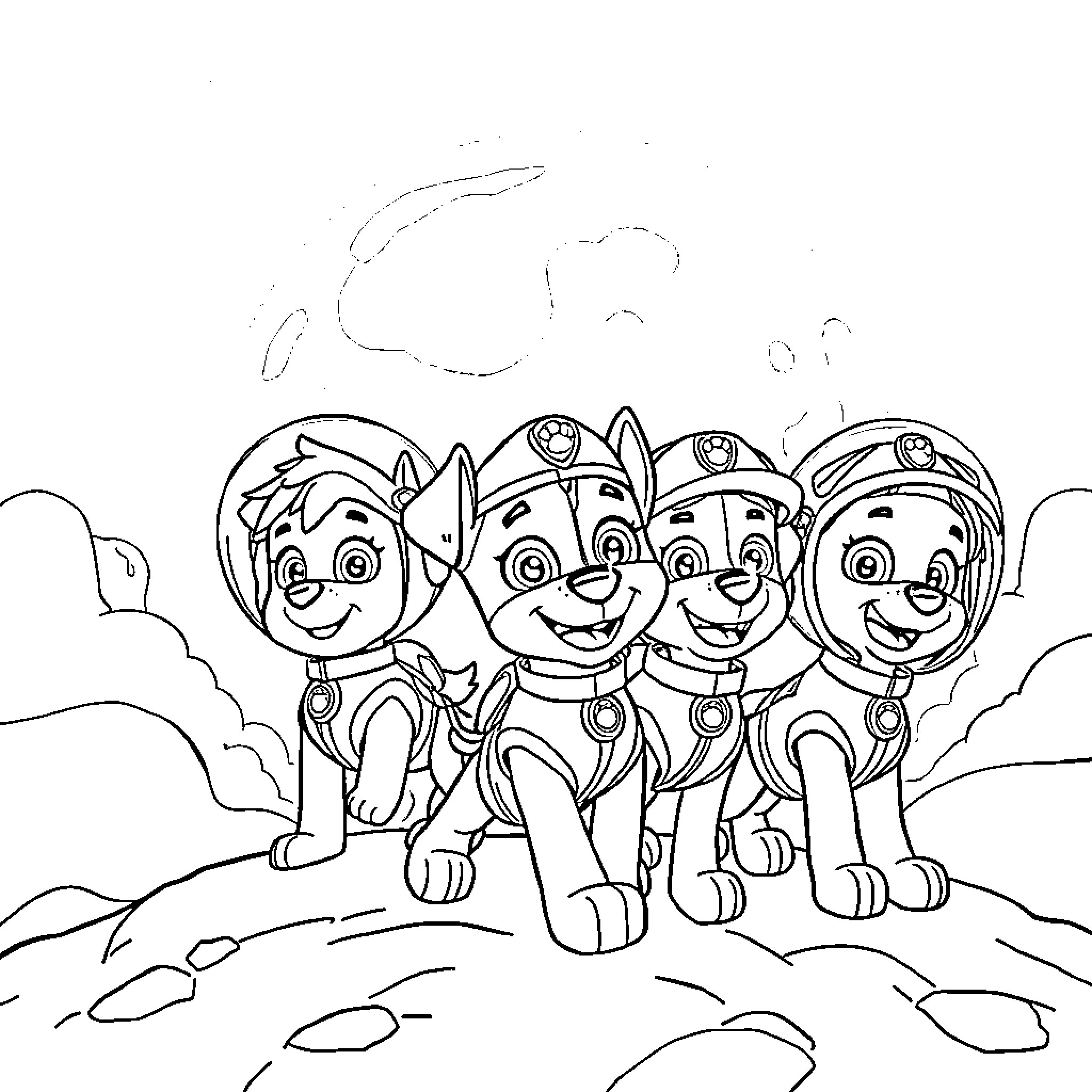 Paw Patrol puppies on a mission Coloring Page (free black-and-white line drawing printable PDF for all, from beginners to advanced learners, including children, teens, adults, and seniors)