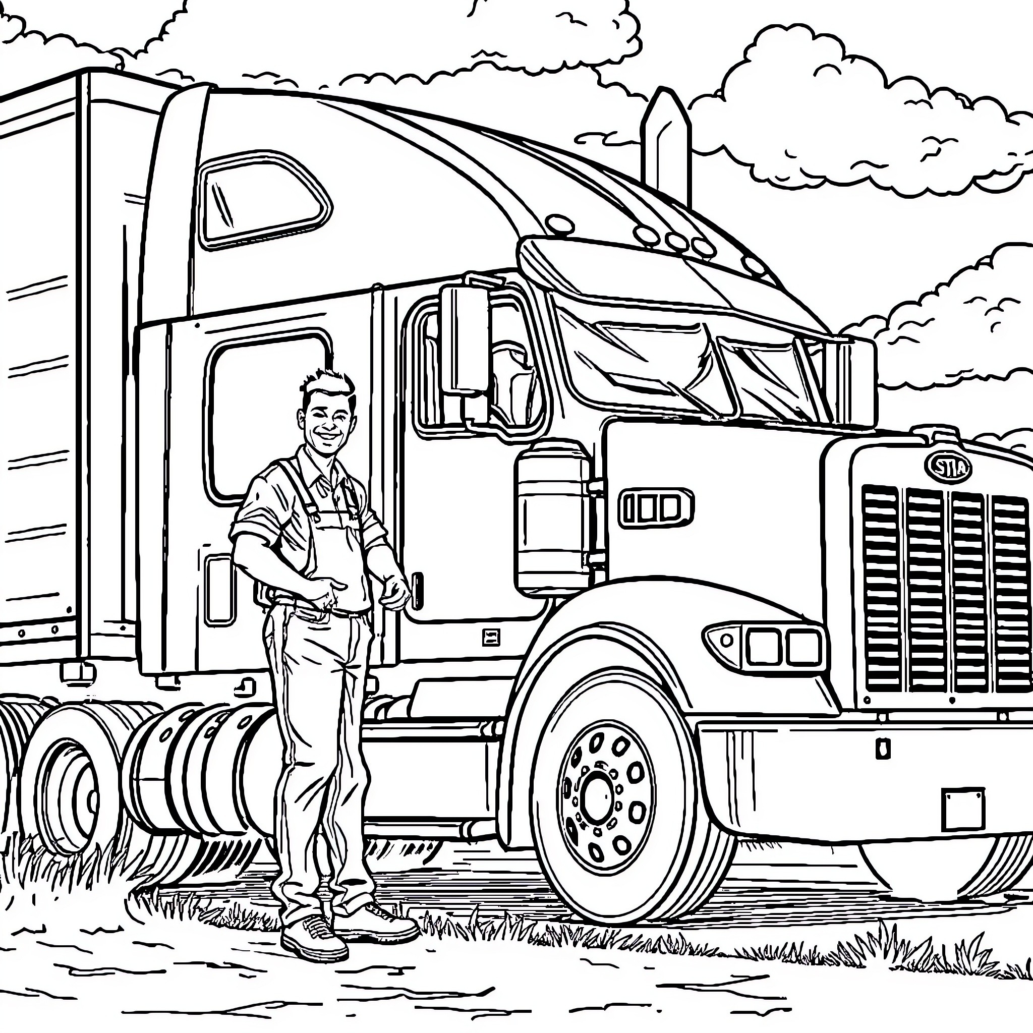 Truck Driver stands proudly by his semi-truck Coloring Page (free black-and-white line drawing printable PDF for all, from beginners to advanced learners, including children, teens, adults, and seniors)