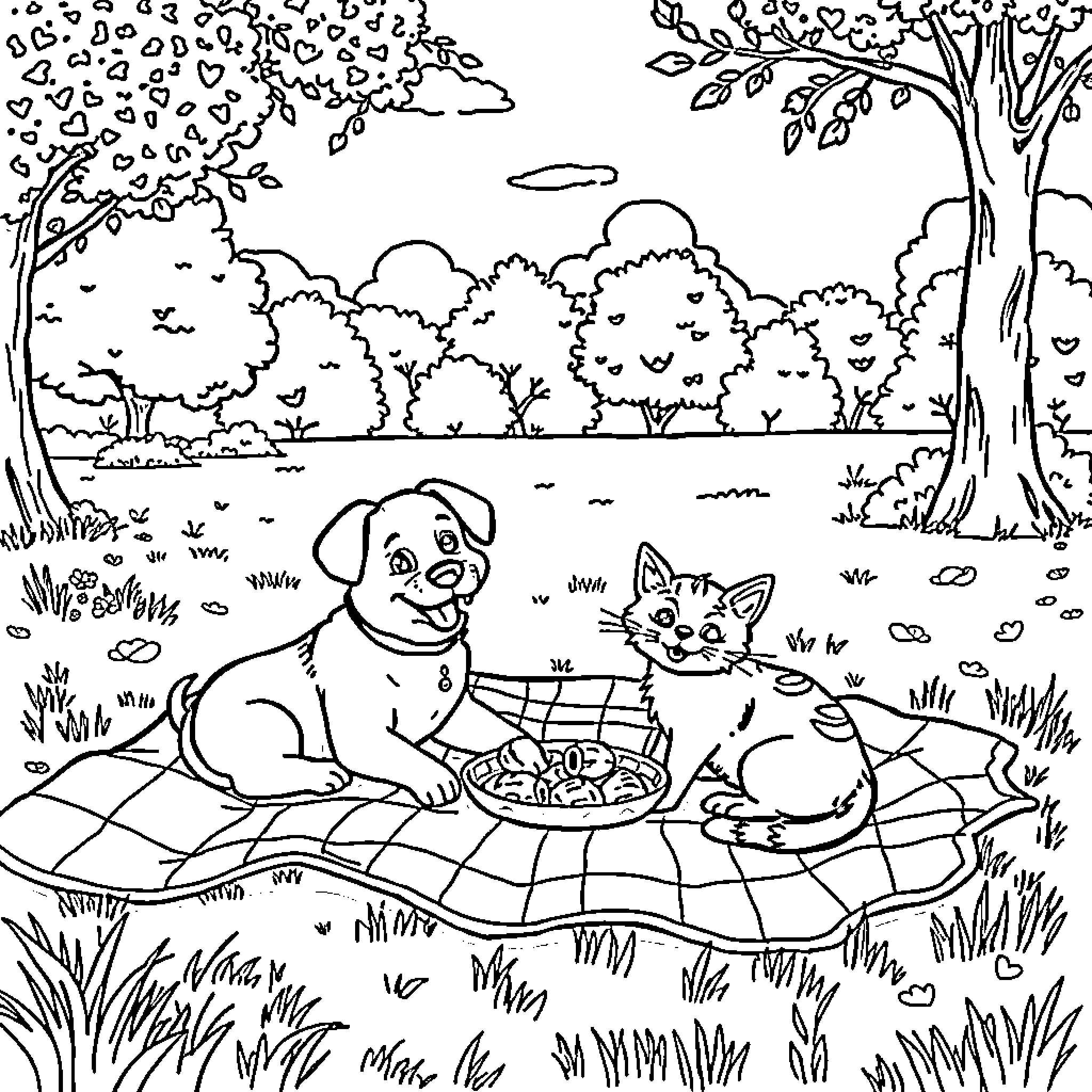 Dog and cat sharing a picnic outdoors Coloring Page (free black-and-white line drawing printable PDF for all, from beginners to advanced learners, including children, teens, adults, and seniors)