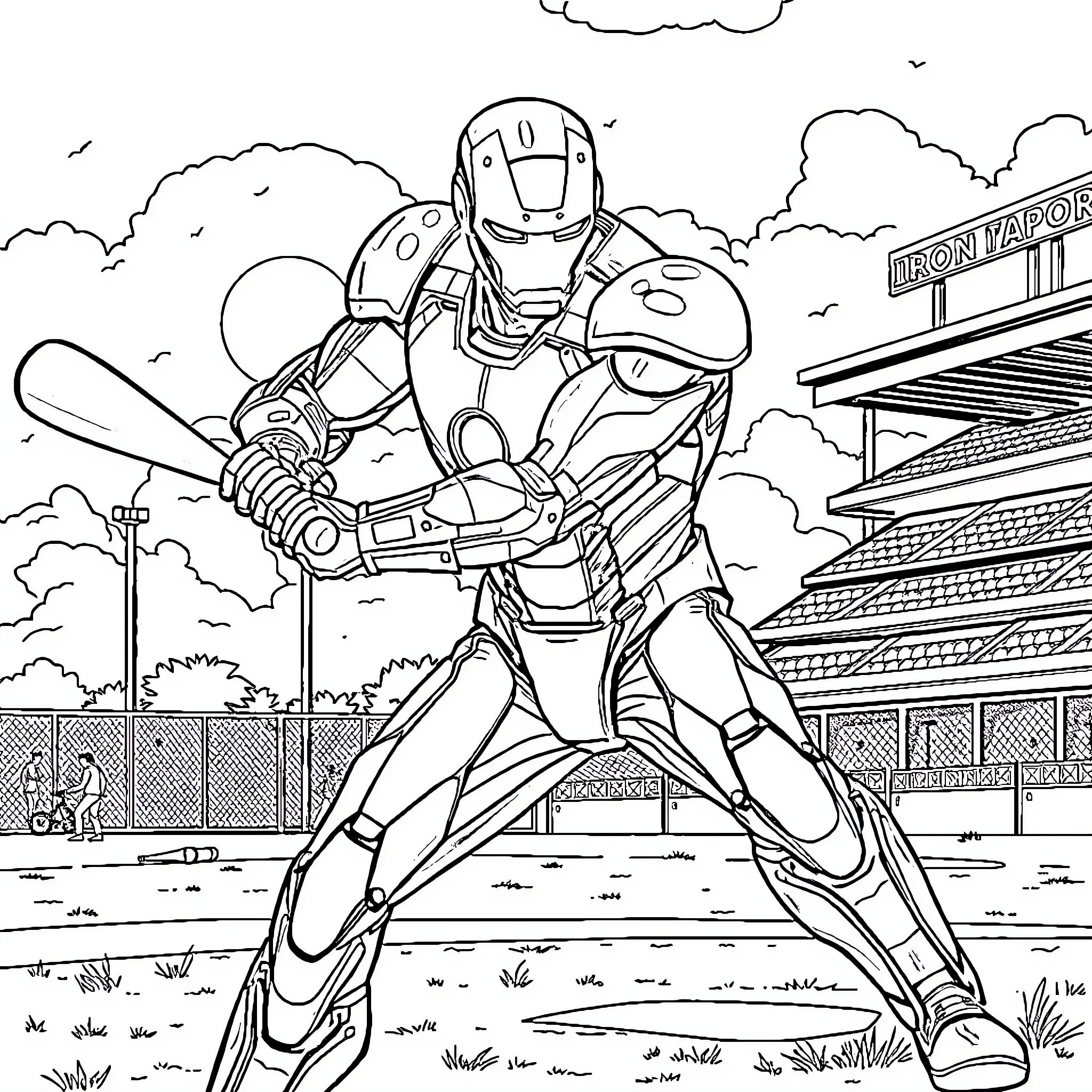 Iron Man Heroically Battles Enemies in the City Coloring Page (free black-and-white line drawing printable PDF for all, from beginners to advanced learners, including children, teens, adults, and seniors)