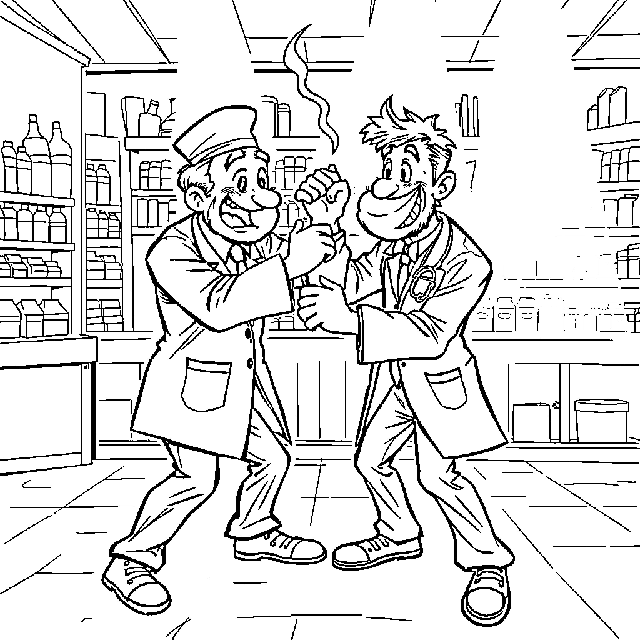 Pharmacist jovially conversing with customer in drugstore Coloring Page (free black-and-white line drawing printable PDF for all, from beginners to advanced learners, including children, teens, adults, and seniors)