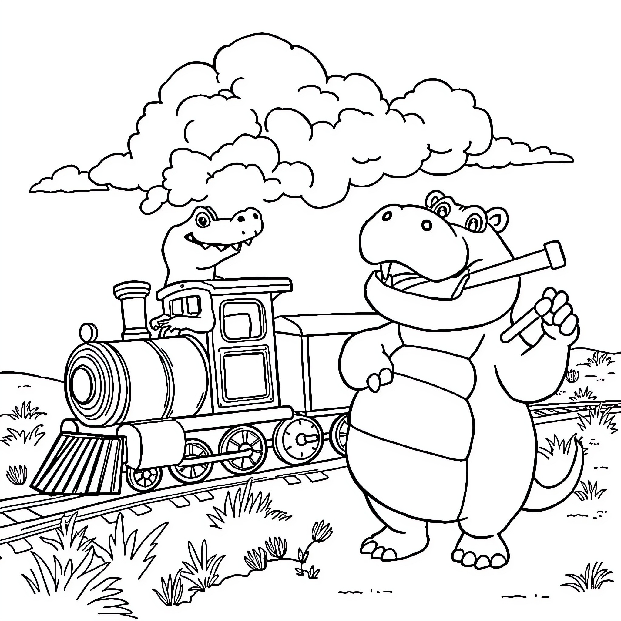 Crocodile friends ride on a steam train Coloring Page (free black-and-white line drawing printable PDF for all, from beginners to advanced learners, including children, teens, adults, and seniors)