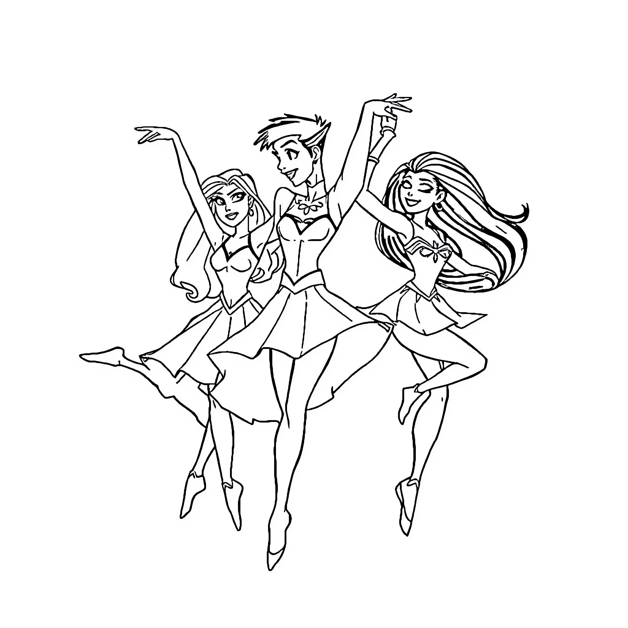 Teen Titans Dancing in Harmony Coloring Page (free black-and-white line drawing printable PDF for all, from beginners to advanced learners, including children, teens, adults, and seniors)