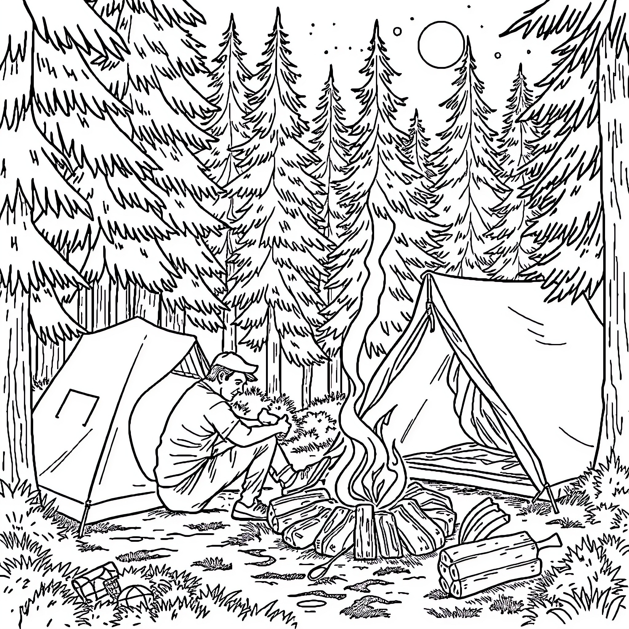 Man camping in serene forest landscape Coloring Page (free black-and-white line drawing printable PDF for all, from beginners to advanced learners, including children, teens, adults, and seniors)
