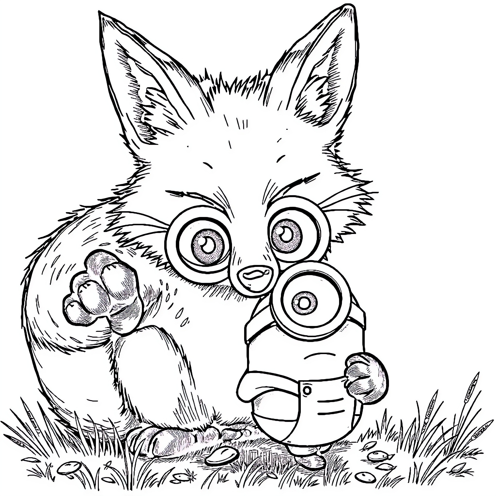 Fox playing curiously with toy in nature Coloring Page (free black-and-white line drawing printable PDF for all, from beginners to advanced learners, including children, teens, adults, and seniors)