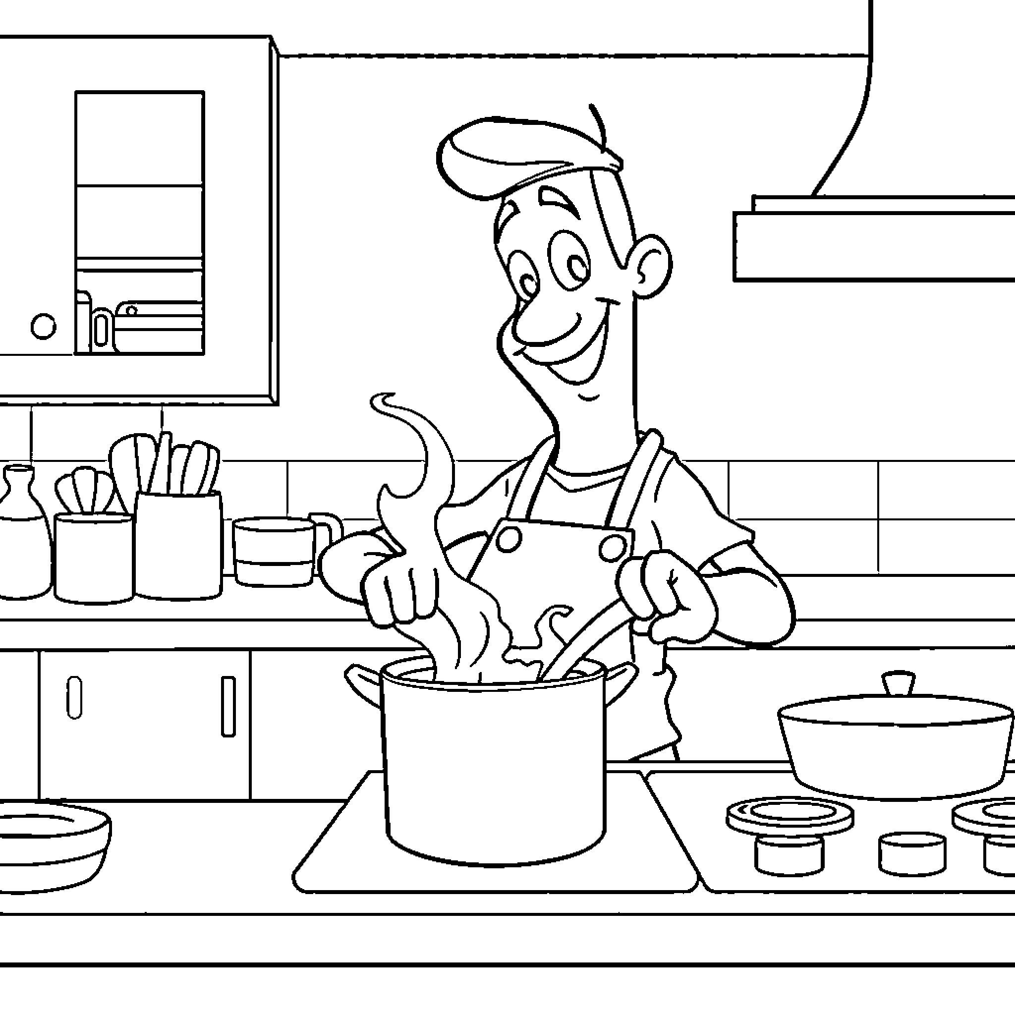 Mr. Puzzles Cooking Happily in the Kitchen Coloring Page (free black-and-white line drawing printable PDF for all, from beginners to advanced learners, including children, teens, adults, and seniors)