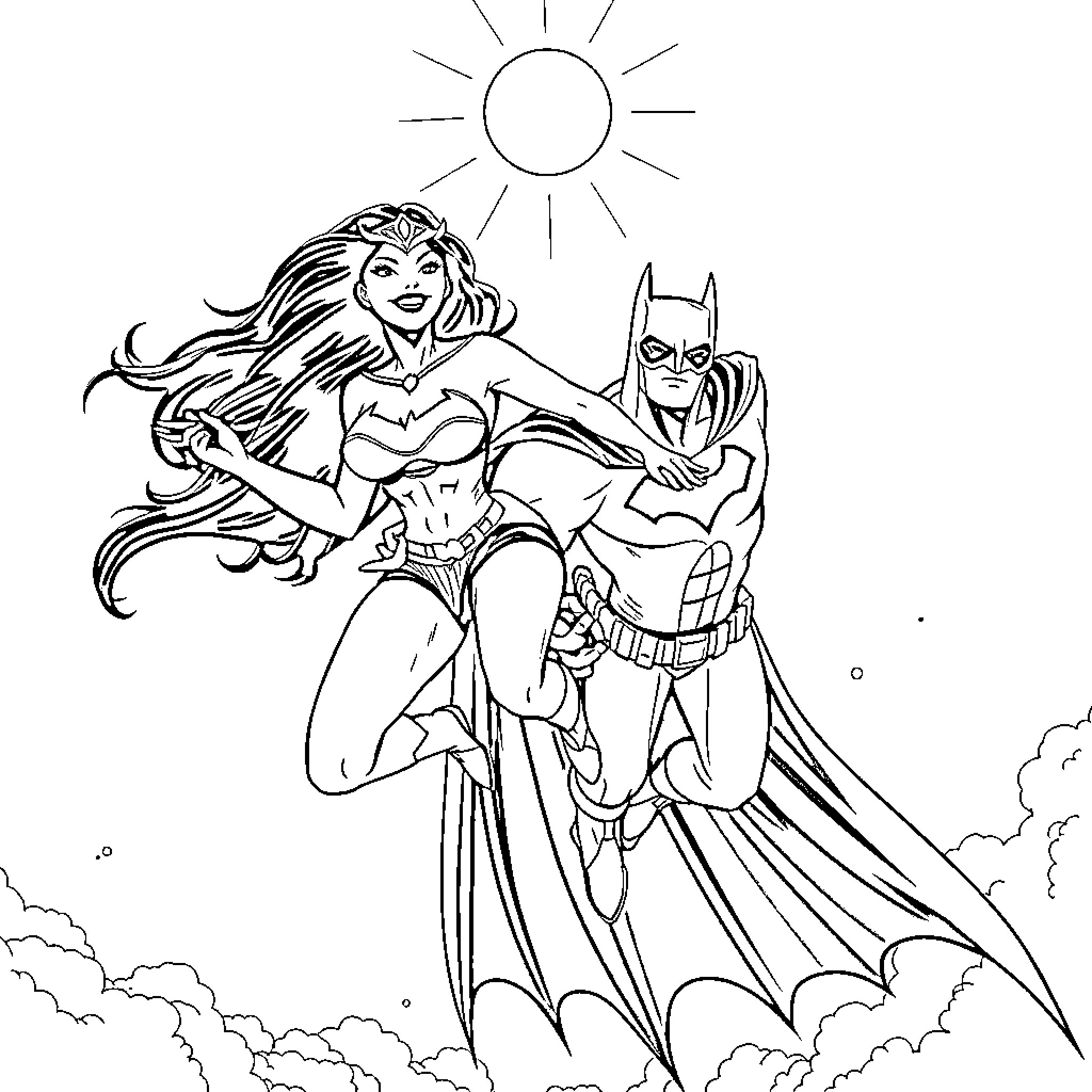 Darna and Batman in action-packed scene Coloring Page (free black-and-white line drawing printable PDF for all, from beginners to advanced learners, including children, teens, adults, and seniors)