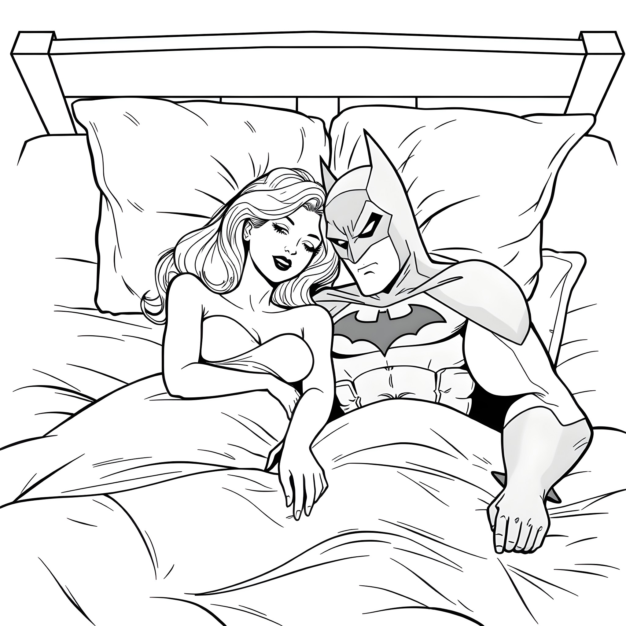 Daphne and Batman relaxing on the bed Coloring Page (free black-and-white line drawing printable PDF for all, from beginners to advanced learners, including children, teens, adults, and seniors)