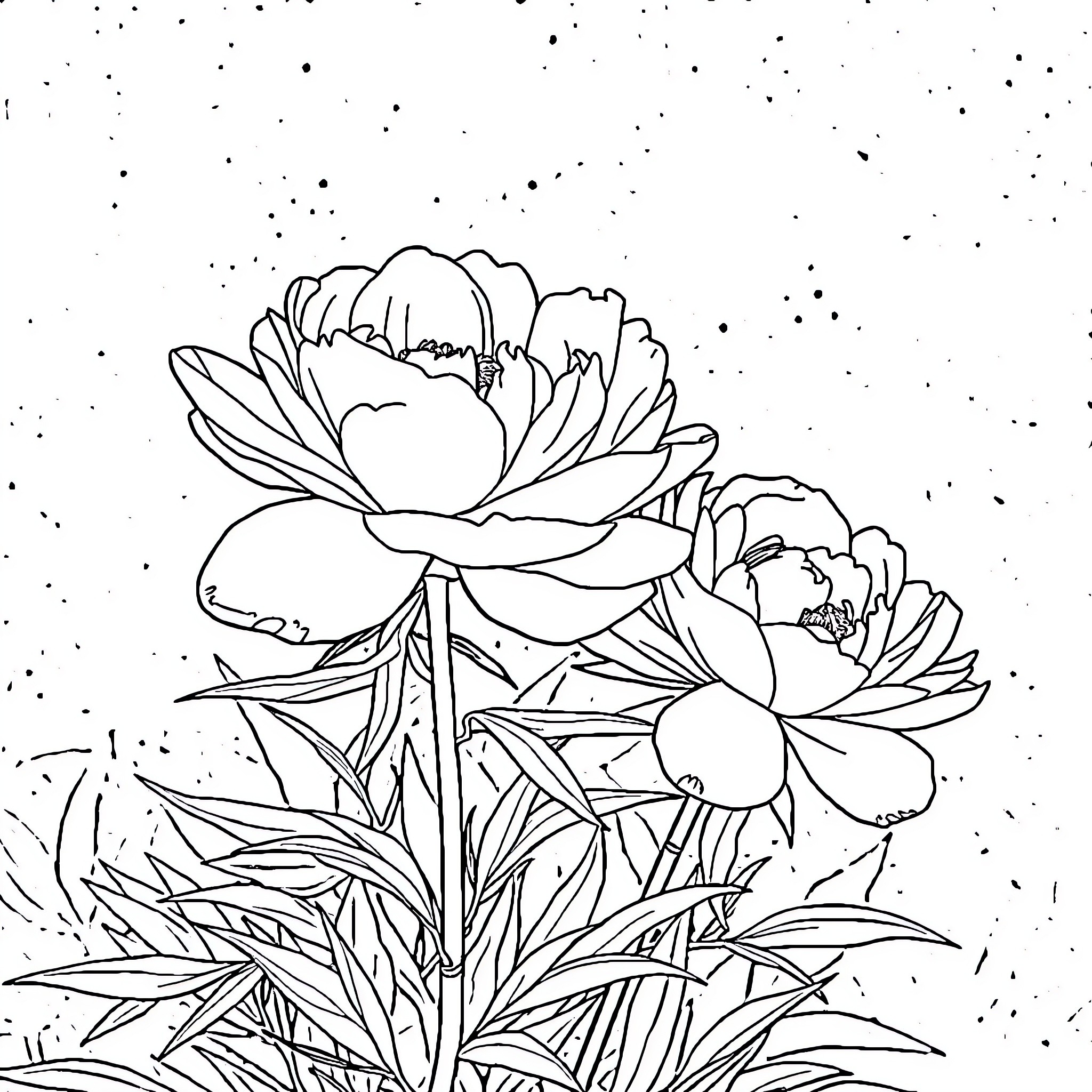 Peony flowers in a starry night Coloring Page (free black-and-white line drawing printable PDF for all, from beginners to advanced learners, including children, teens, adults, and seniors)