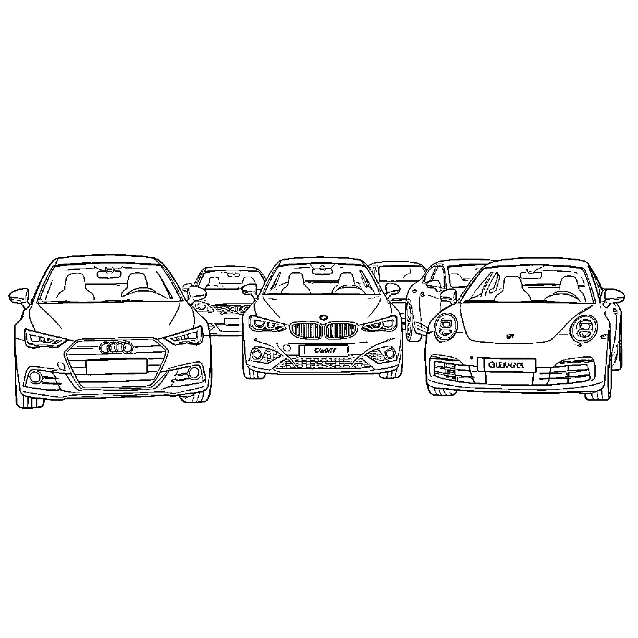 Car collection parked in a row Coloring Page (free black-and-white line drawing printable PDF for all, from beginners to advanced learners, including children, teens, adults, and seniors)