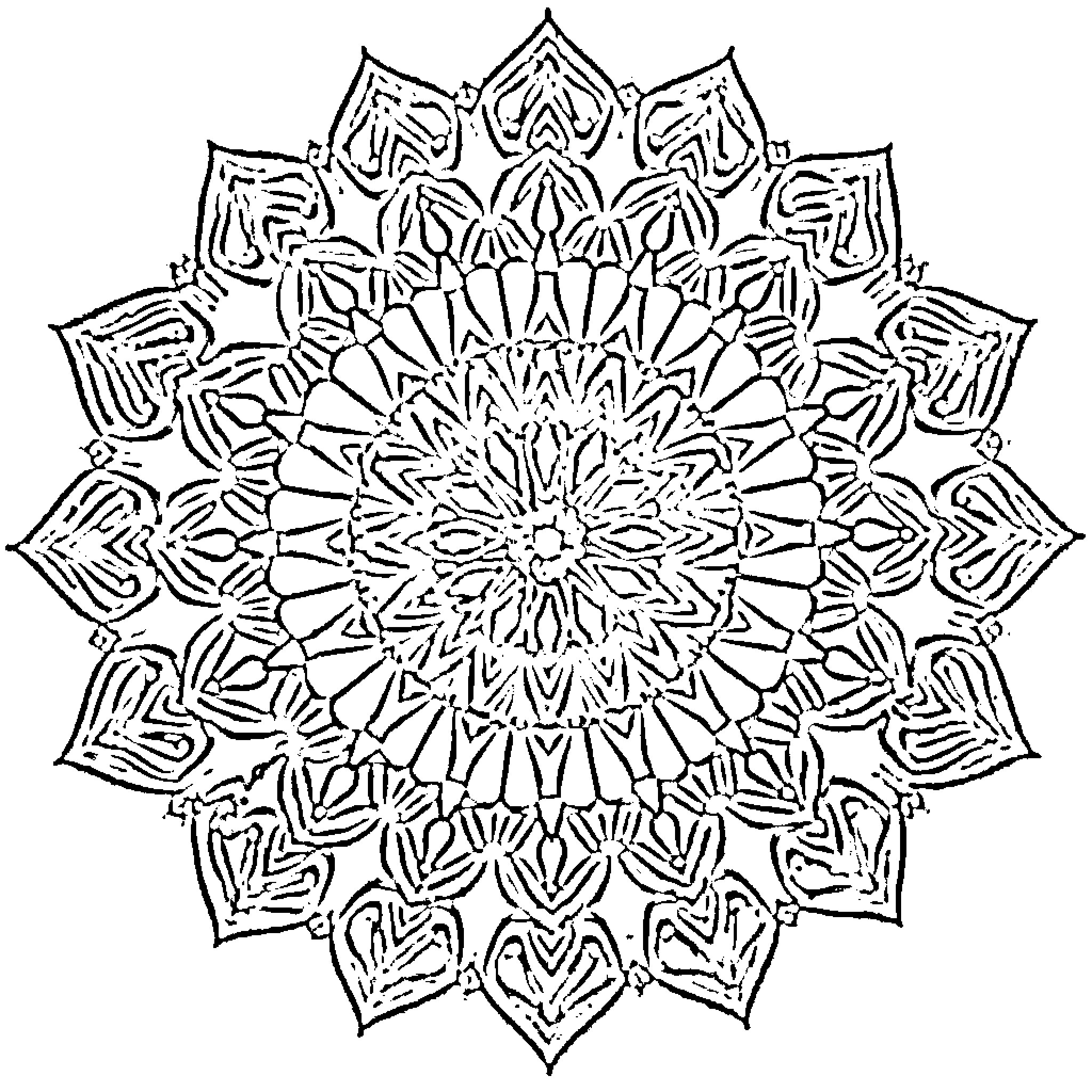 Mandala with intricate floral patterns Coloring Page (free black-and-white line drawing printable PDF for all, from beginners to advanced learners, including children, teens, adults, and seniors)