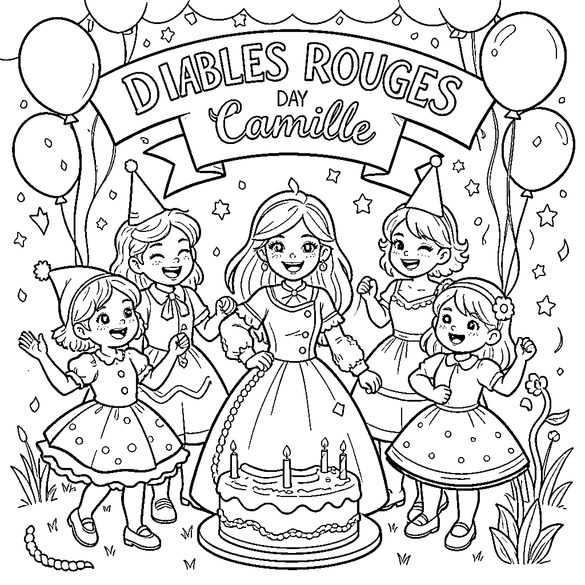 Diable Rouge girls celebrating a birthday party with cake Coloring Page (free black-and-white line drawing printable PDF for all, from beginners to advanced learners, including children, teens, adults, and seniors)