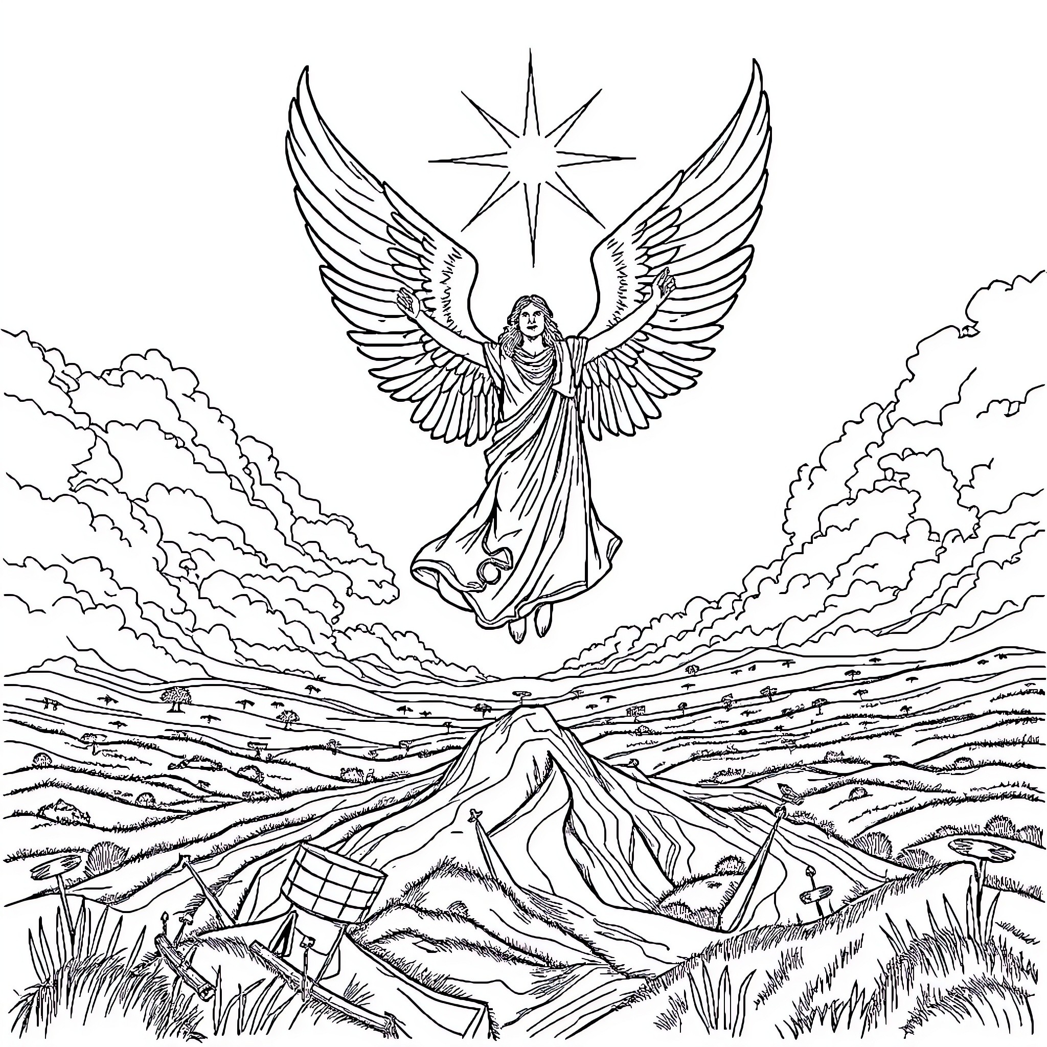 Angel of Light Guiding the Way Coloring Page (free black-and-white line drawing printable PDF for all, from beginners to advanced learners, including children, teens, adults, and seniors)