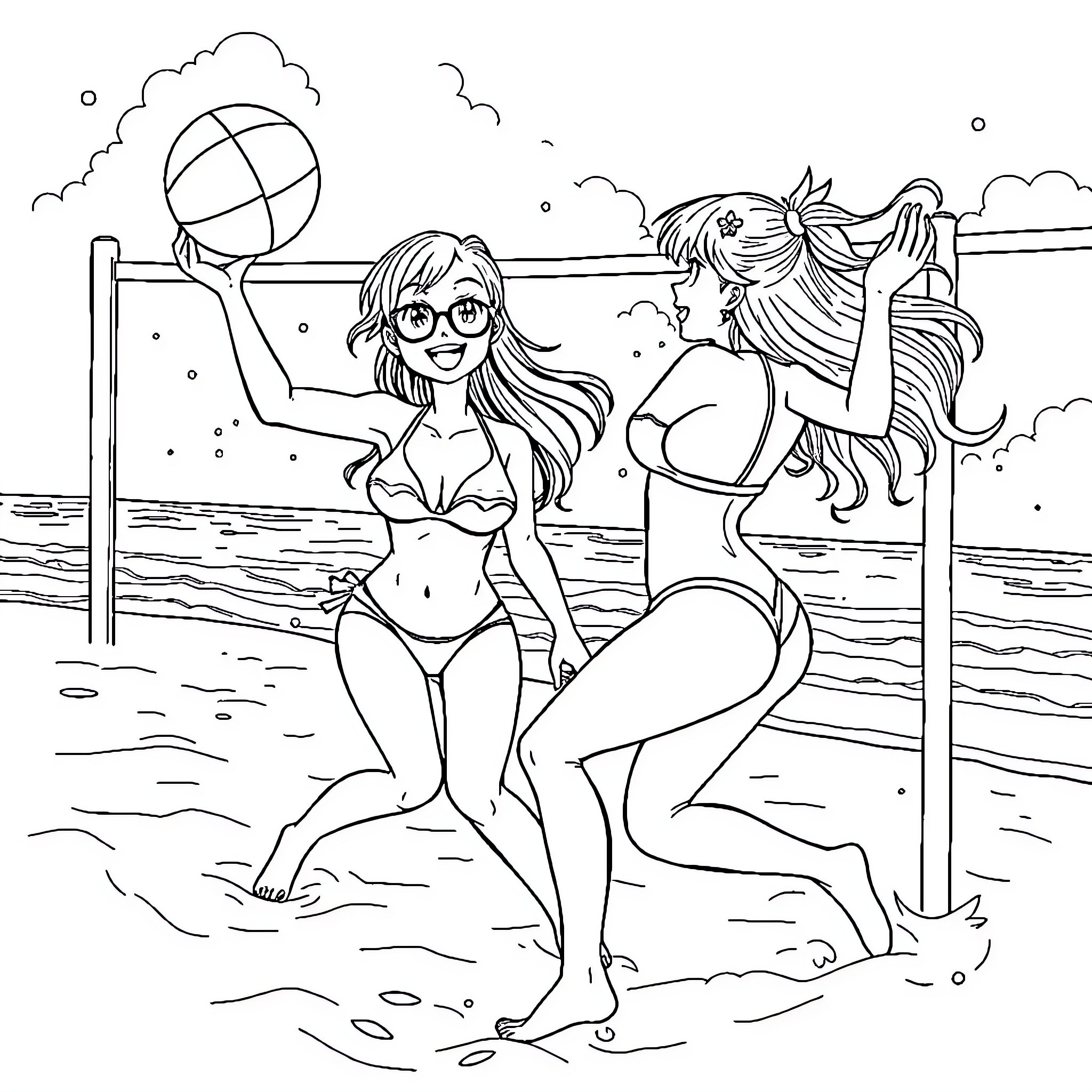 Nami and friends playing volleyball on the beach Coloring Page (free black-and-white line drawing printable PDF for all, from beginners to advanced learners, including children, teens, adults, and seniors)