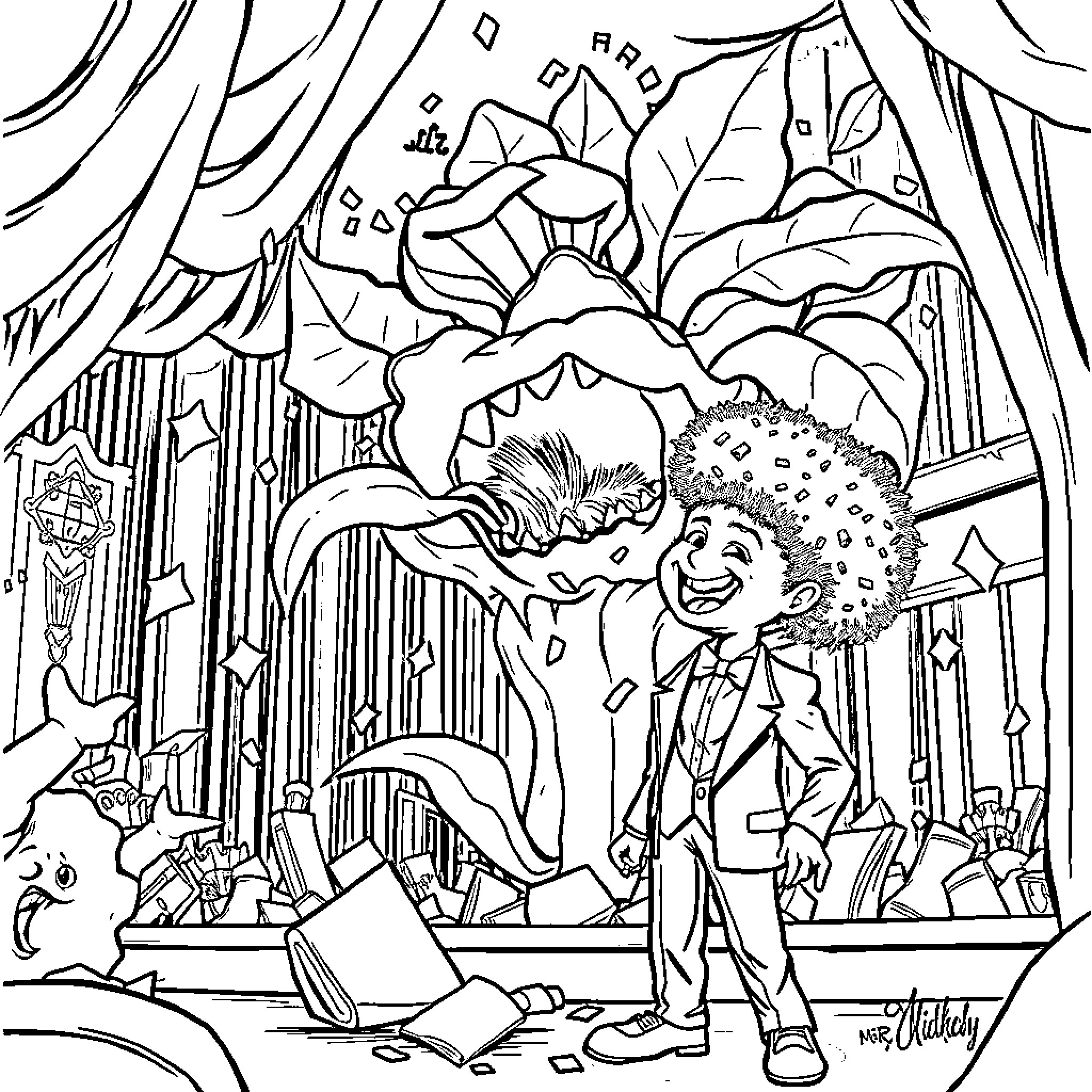 Audrey 2 Encountering Bizarre Creatures in Surreal Realm Coloring Page (free black-and-white line drawing printable PDF for all, from beginners to advanced learners, including children, teens, adults, and seniors)
