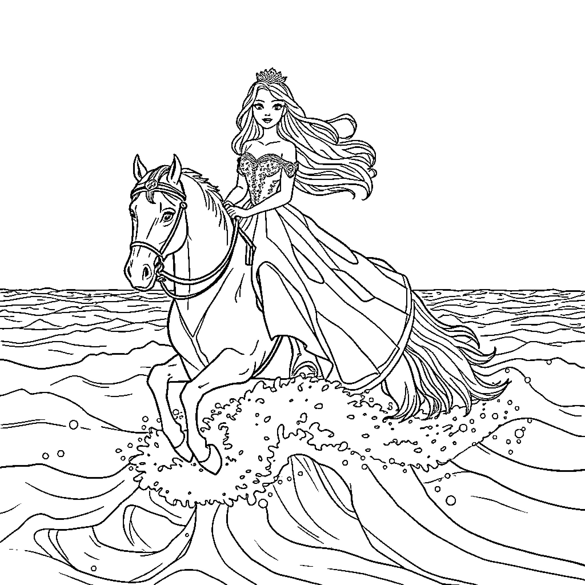 Princess Riding Majestic Horse through Oceanic Waves Coloring Page (free black-and-white line drawing printable PDF for all, from beginners to advanced learners, including children, teens, adults, and seniors)