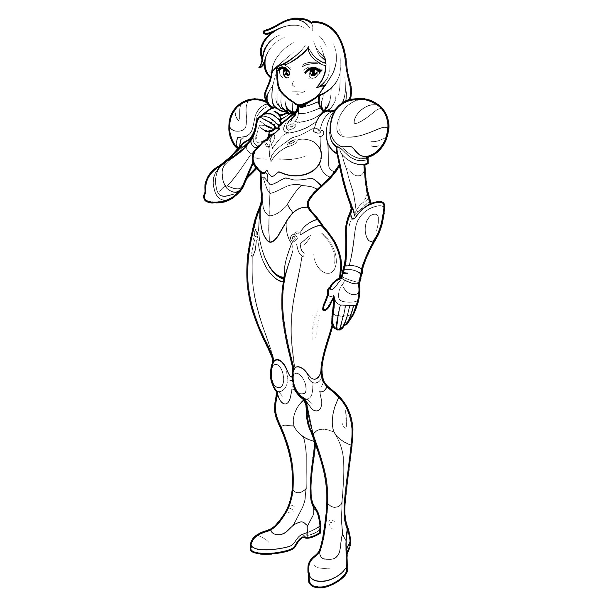 Samus in Heroic Pose Coloring Page (free black-and-white line drawing printable PDF for all, from beginners to advanced learners, including children, teens, adults, and seniors)