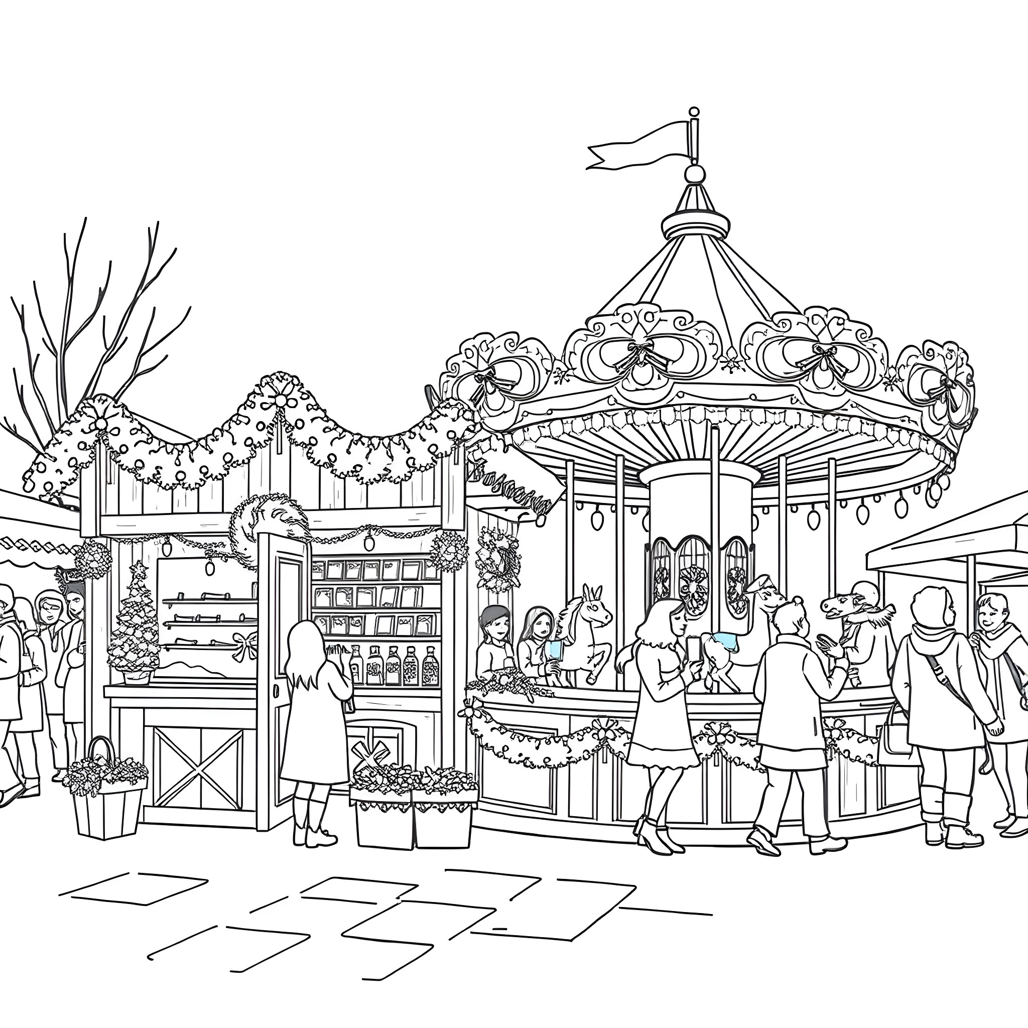Christmas Market with lively crowds and festive decorations Coloring Page (free black-and-white line drawing printable PDF for all, from beginners to advanced learners, including children, teens, adults, and seniors)