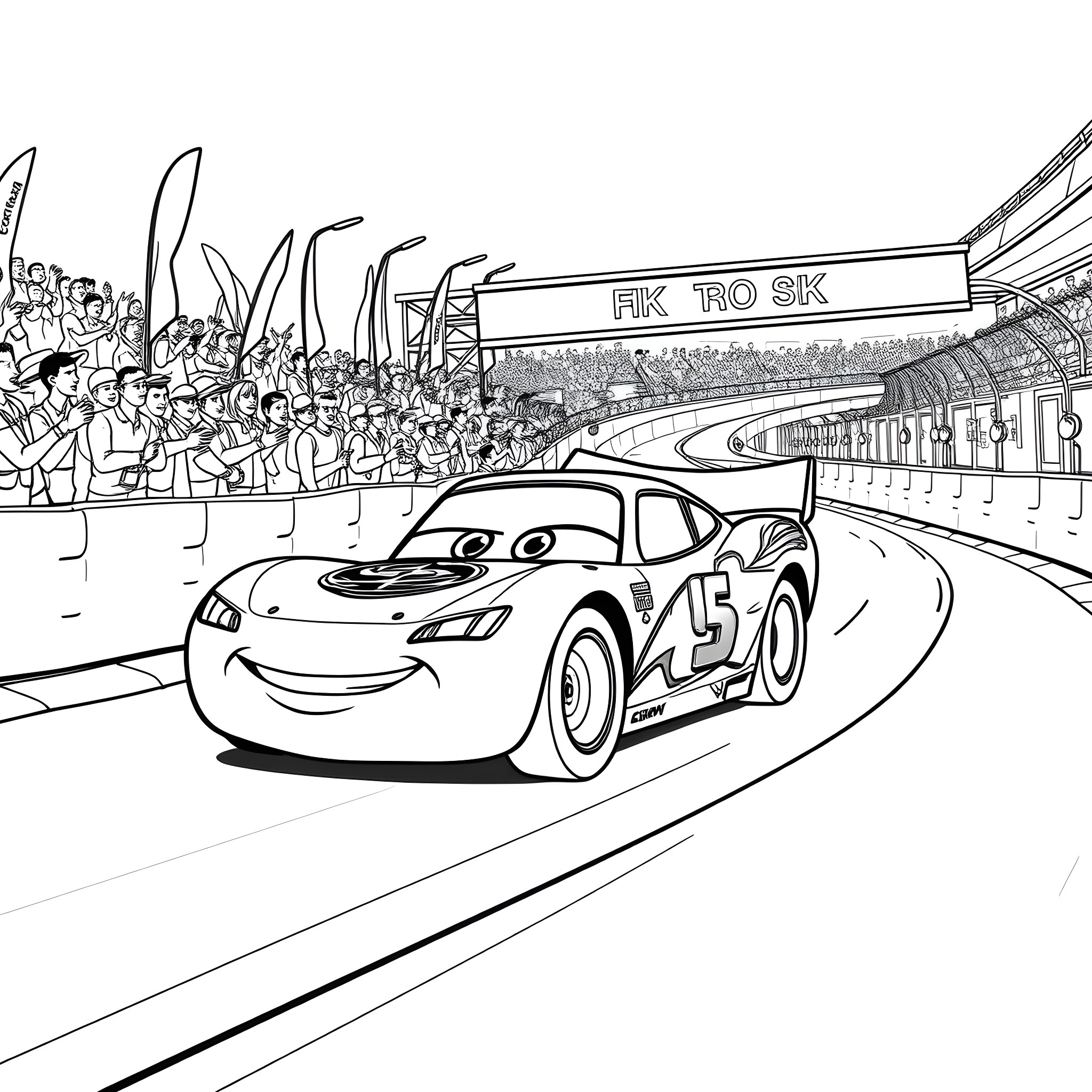 Lightning McQueen racing in the big championship race Coloring Page (free black-and-white line drawing printable PDF for all, from beginners to advanced learners, including children, teens, adults, and seniors)