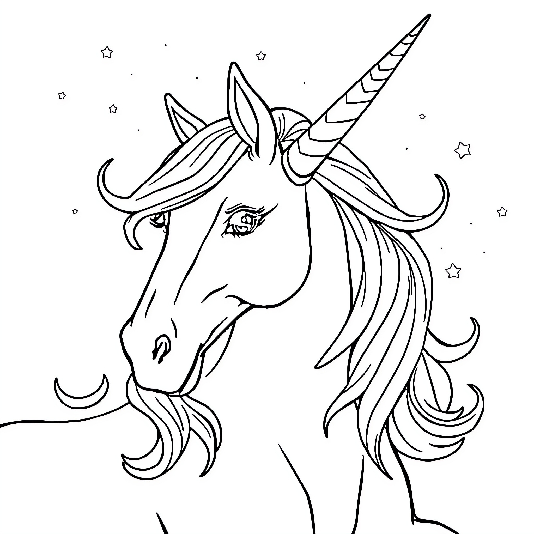 Unicorn with flowing mane and horn against starry night Coloring Page (free black-and-white line drawing printable PDF for all, from beginners to advanced learners, including children, teens, adults, and seniors)