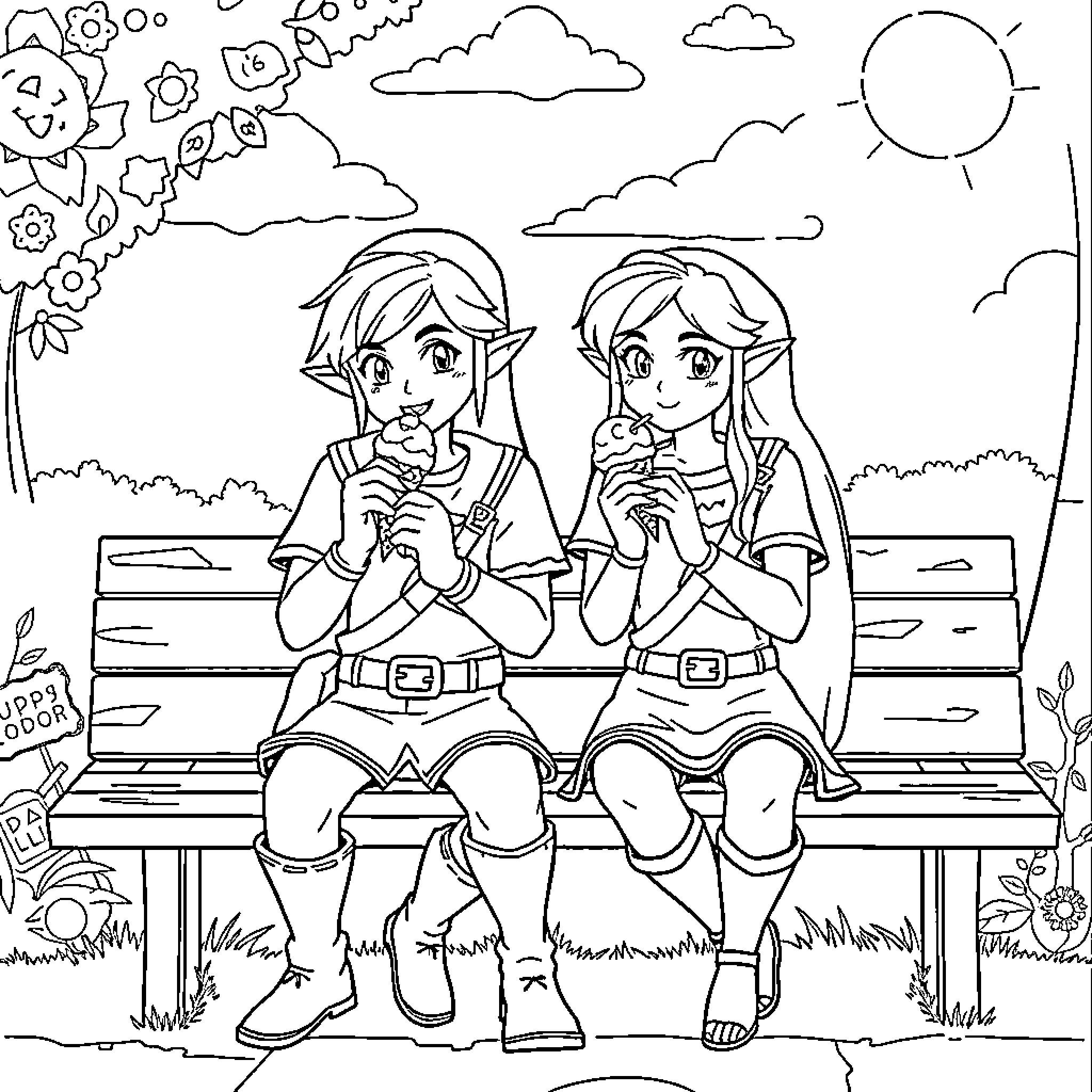 Link characters exploring outdoor scenery Coloring Page (free black-and-white line drawing printable PDF for all, from beginners to advanced learners, including children, teens, adults, and seniors)